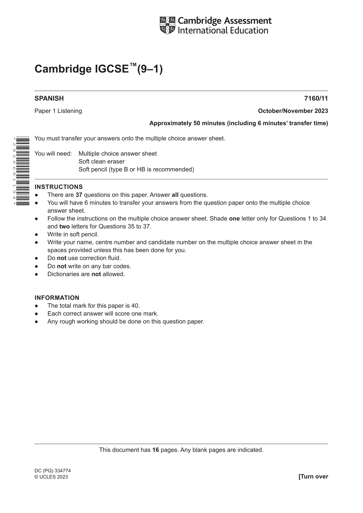 Cambridge IGCSE Spanish (9-1) 7160 2023 Oct/Nov Paper 1 · Variant 1 question paper, page 1 of 16