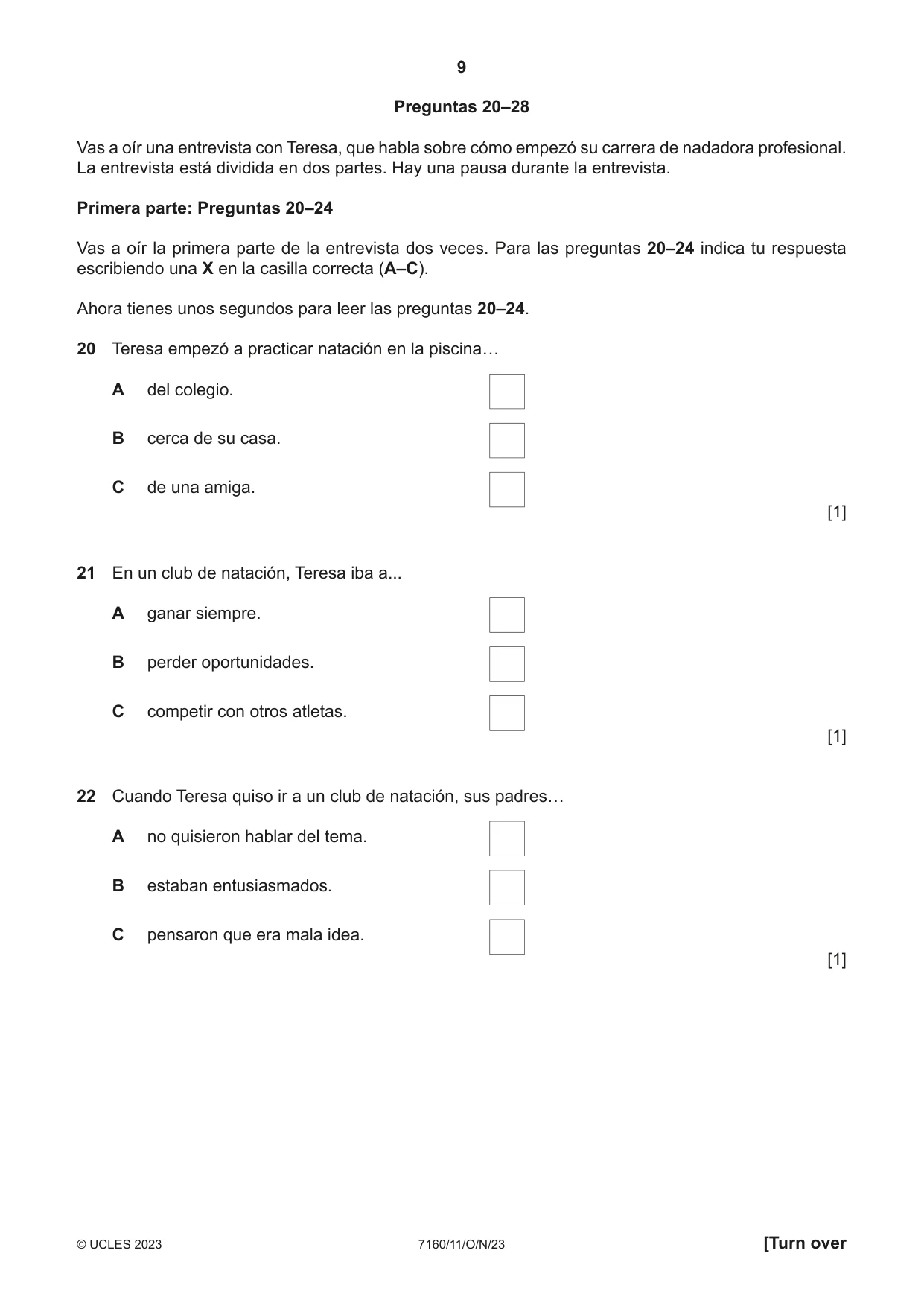 Cambridge IGCSE Spanish (9-1) 7160 2023 Oct/Nov Paper 1 · Variant 1 question paper, page 9 of 16