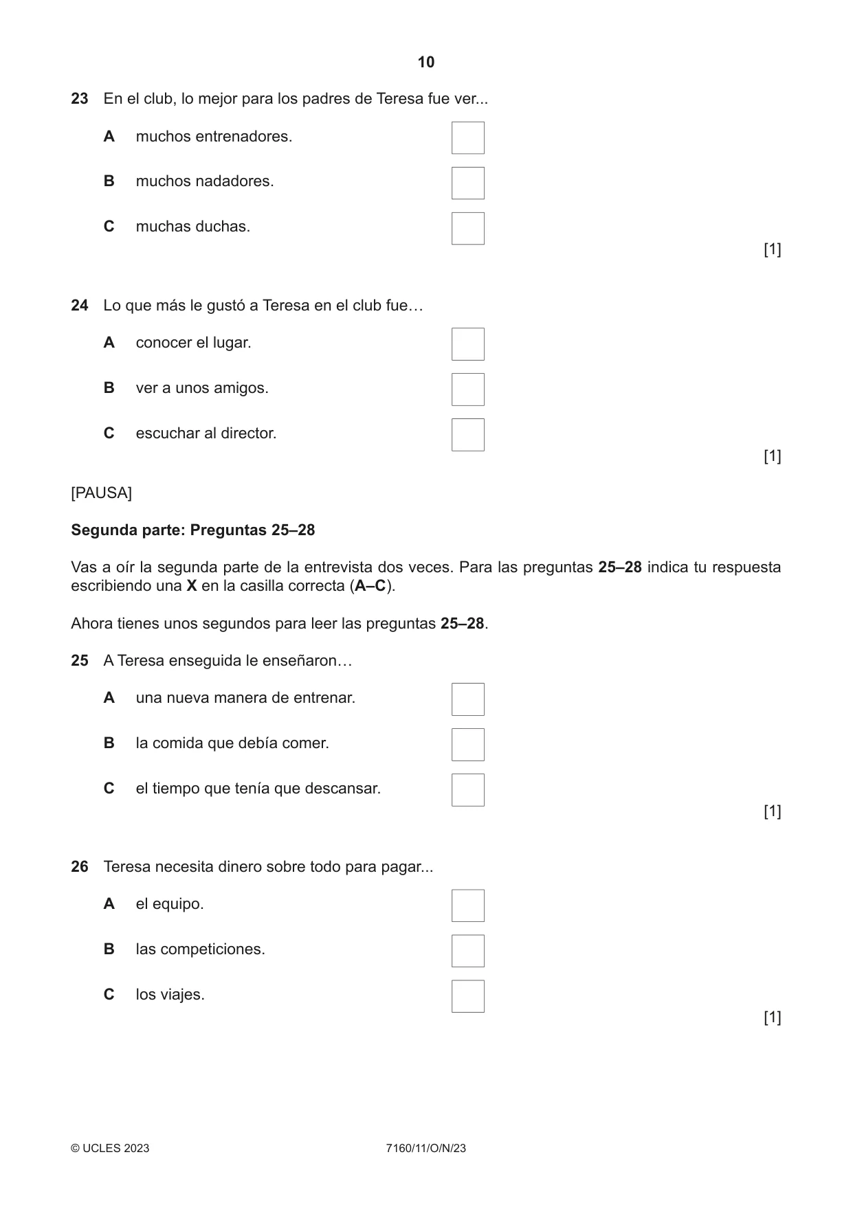 Cambridge IGCSE Spanish (9-1) 7160 2023 Oct/Nov Paper 1 · Variant 1 question paper, page 10 of 16
