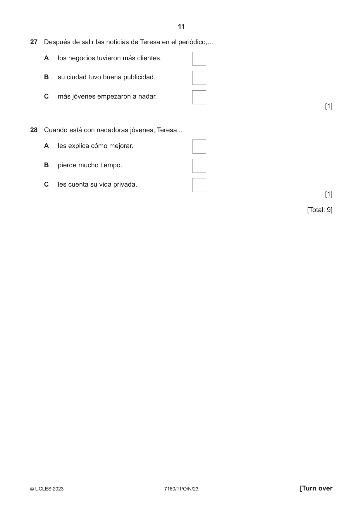 Cambridge IGCSE Spanish (9-1) 7160 2023 Oct/Nov Paper 1 · Variant 1 question paper, page 11 of 16