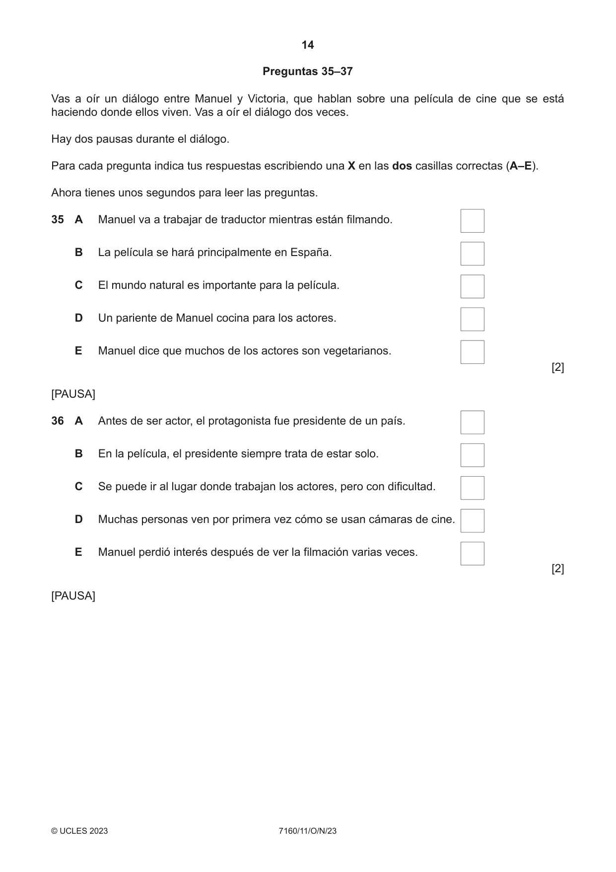Cambridge IGCSE Spanish (9-1) 7160 2023 Oct/Nov Paper 1 · Variant 1 question paper, page 14 of 16