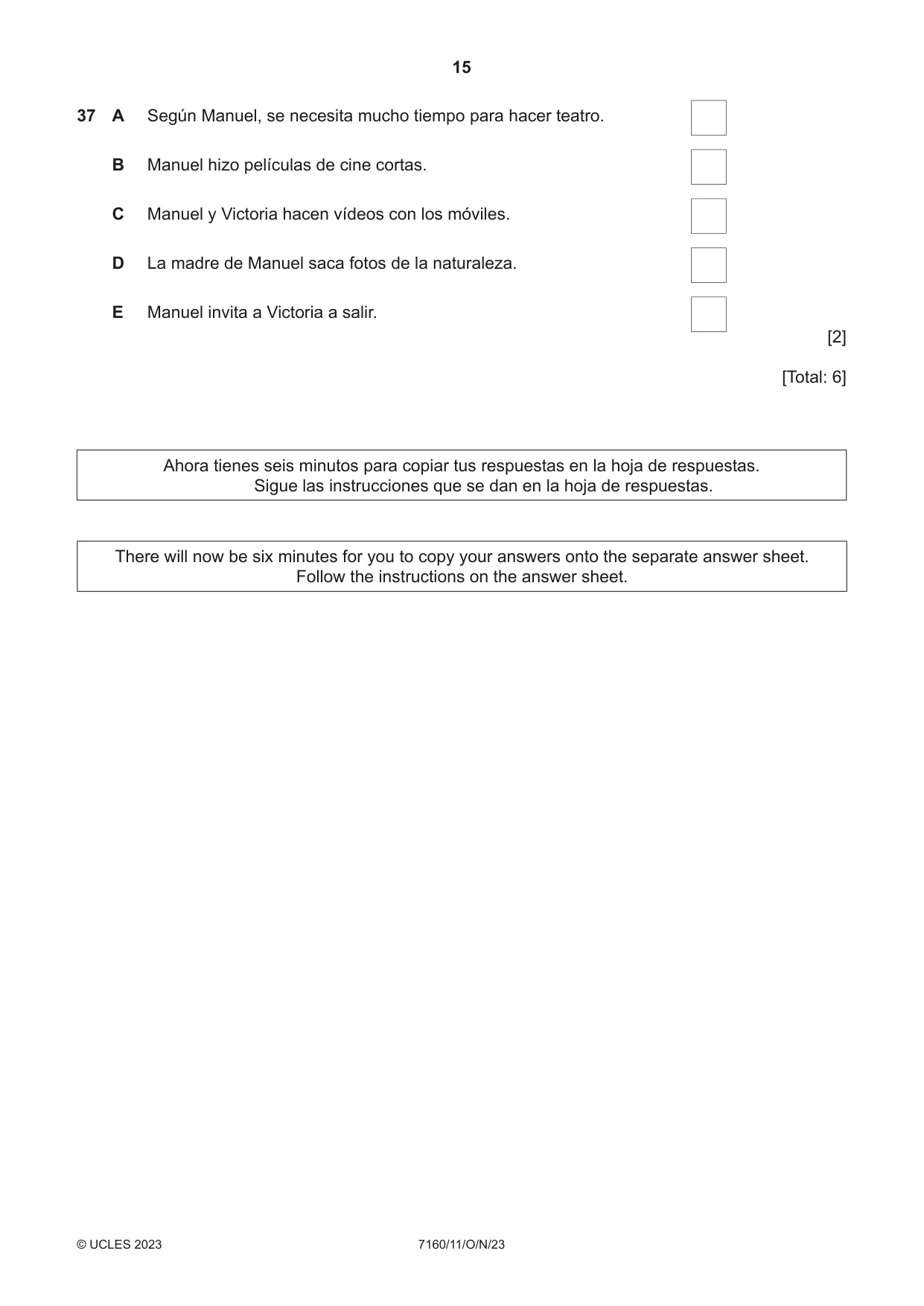 Cambridge IGCSE Spanish (9-1) 7160 2023 Oct/Nov Paper 1 · Variant 1 question paper, page 15 of 16