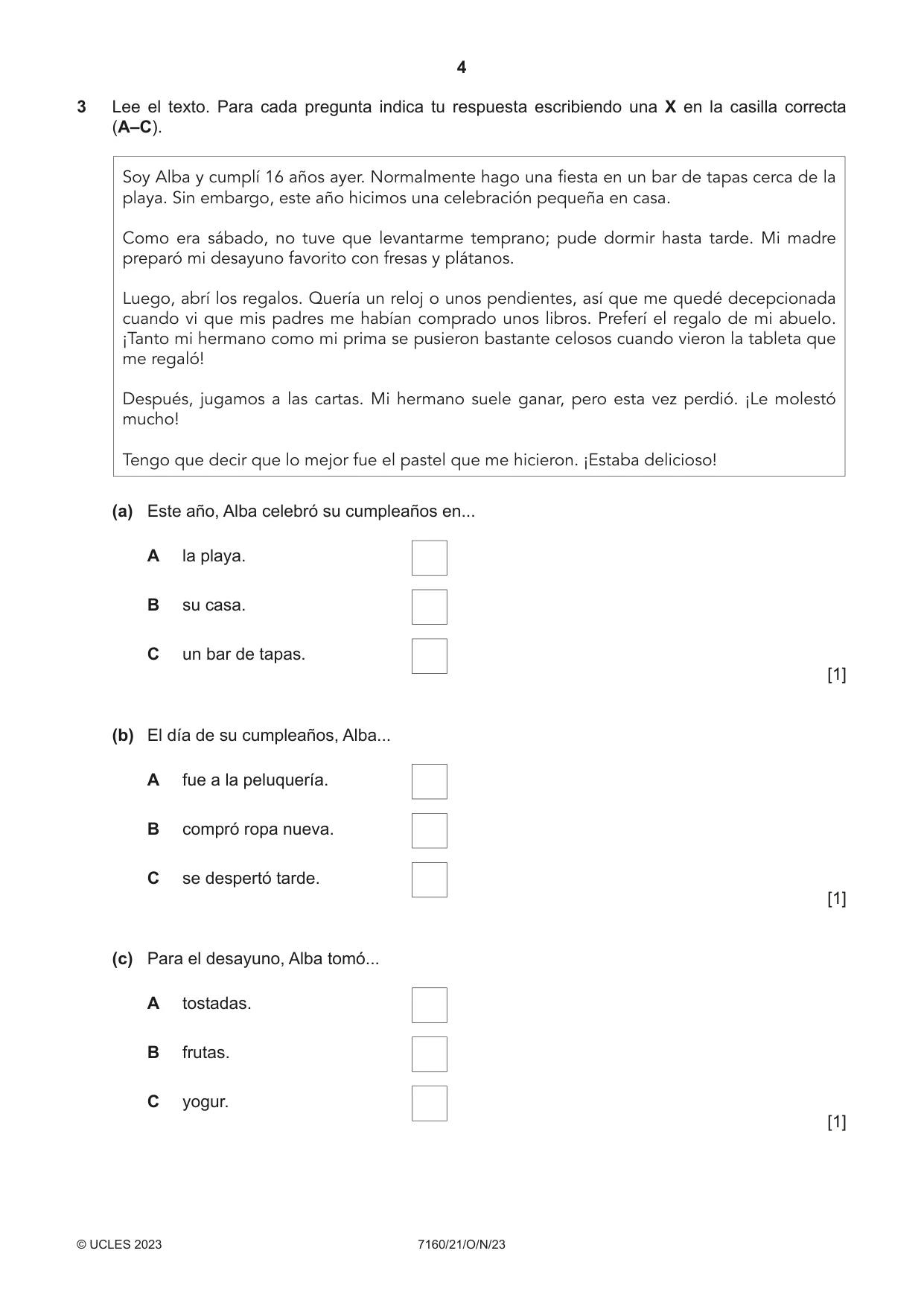 Cambridge IGCSE Spanish (9-1) 7160 2023 Oct/Nov Paper 2 · Variant 1 question paper, page 4 of 12
