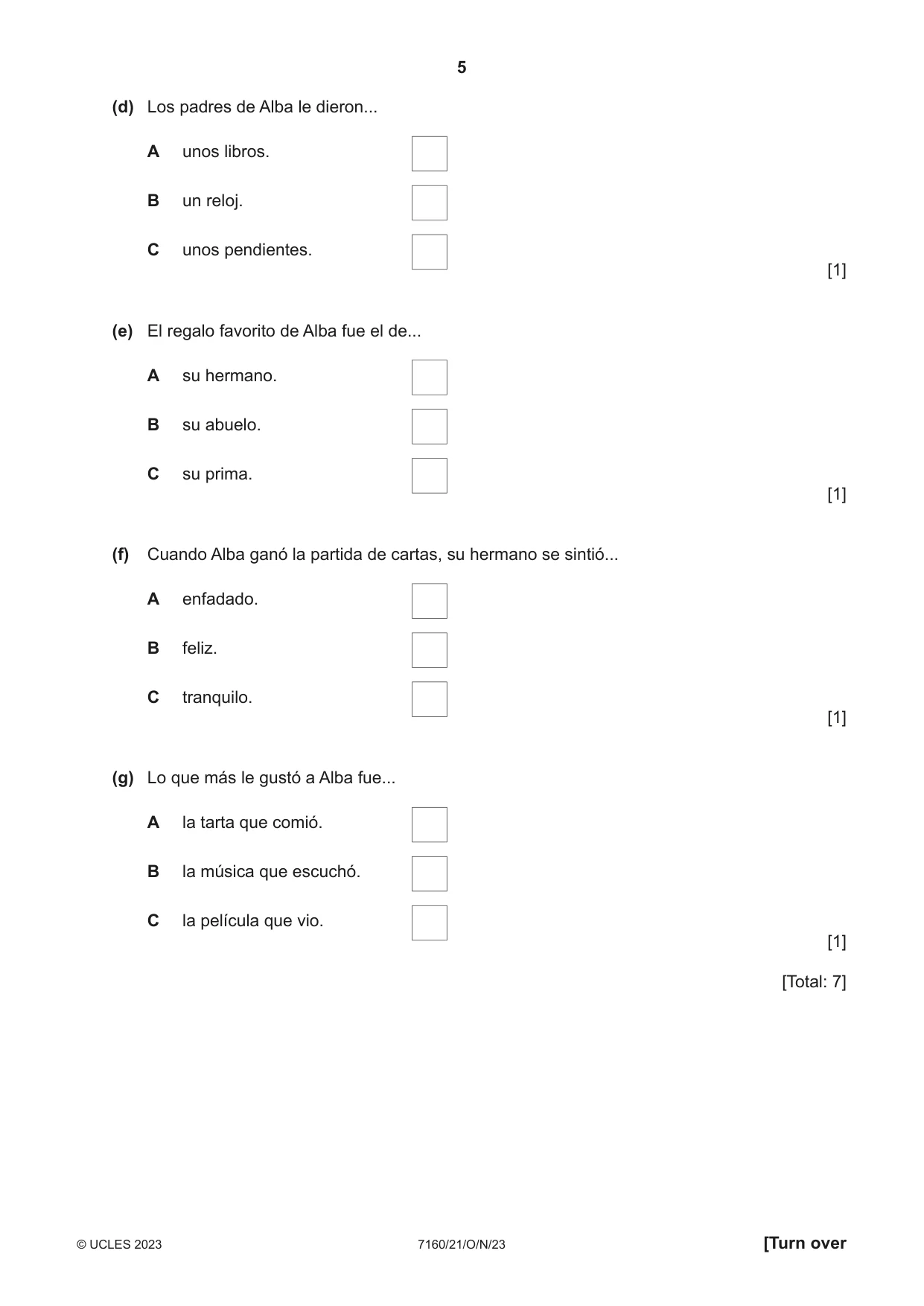 Cambridge IGCSE Spanish (9-1) 7160 2023 Oct/Nov Paper 2 · Variant 1 question paper, page 5 of 12
