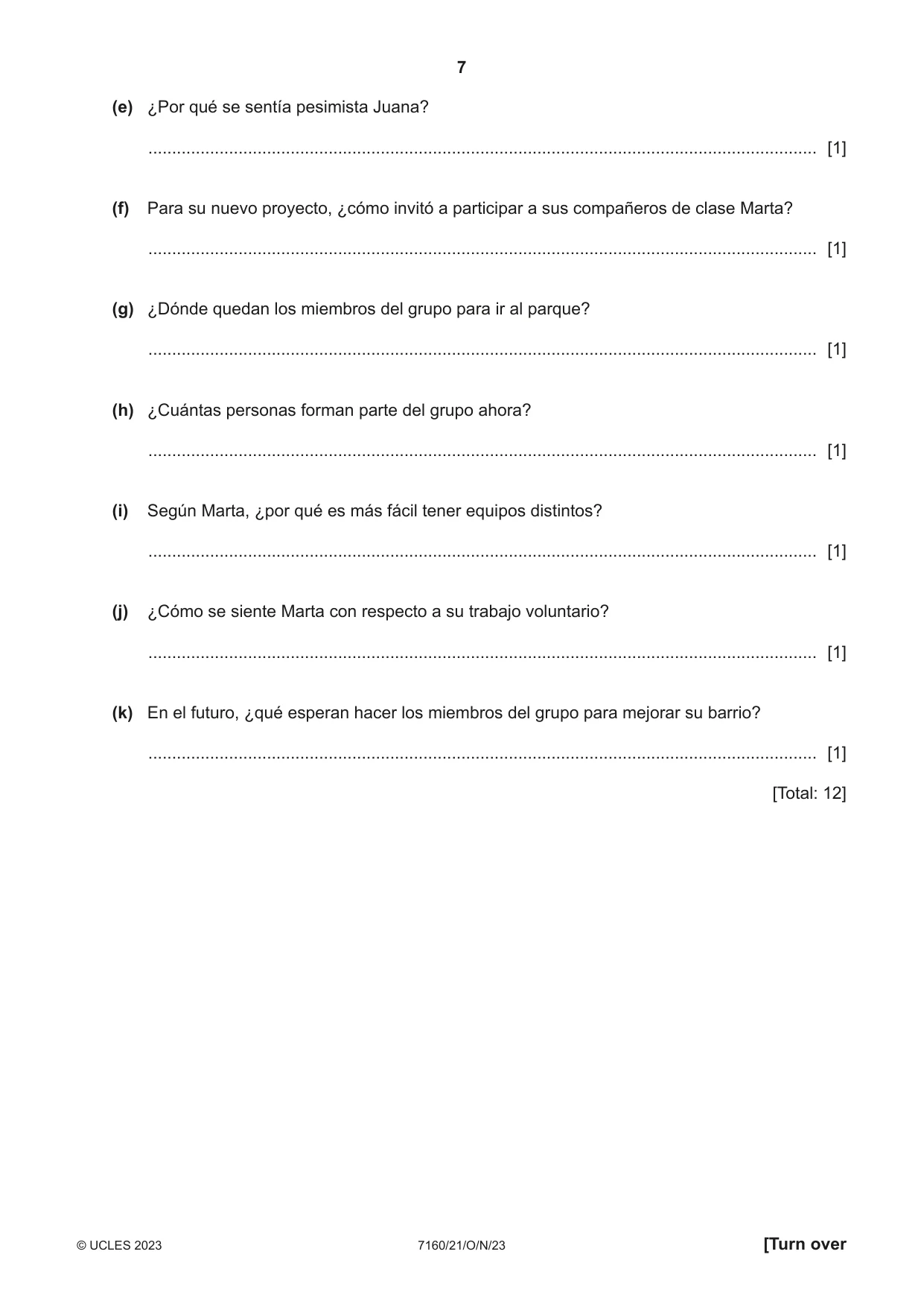Cambridge IGCSE Spanish (9-1) 7160 2023 Oct/Nov Paper 2 · Variant 1 question paper, page 7 of 12