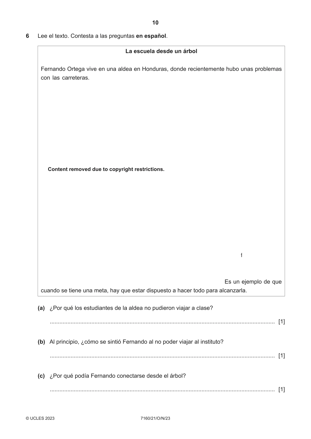 Cambridge IGCSE Spanish (9-1) 7160 2023 Oct/Nov Paper 2 · Variant 1 question paper, page 10 of 12