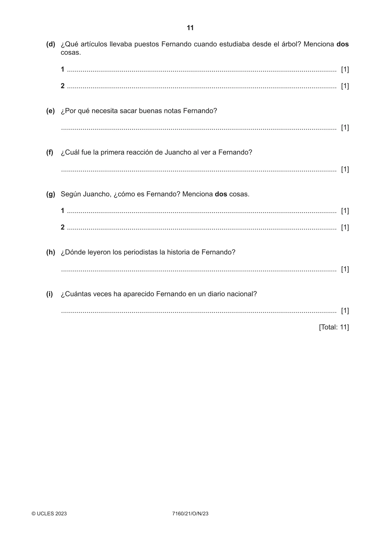 Cambridge IGCSE Spanish (9-1) 7160 2023 Oct/Nov Paper 2 · Variant 1 question paper, page 11 of 12