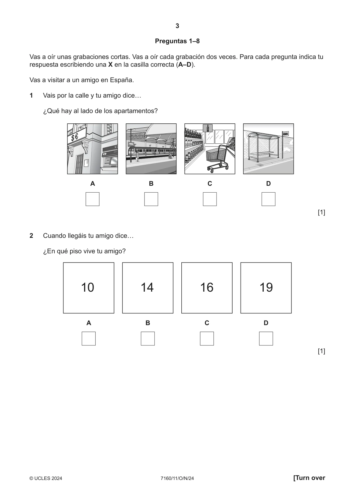 Cambridge IGCSE Spanish (9-1) 7160 2024 Oct/Nov Paper 1 · Variant 1 question paper, page 3 of 16