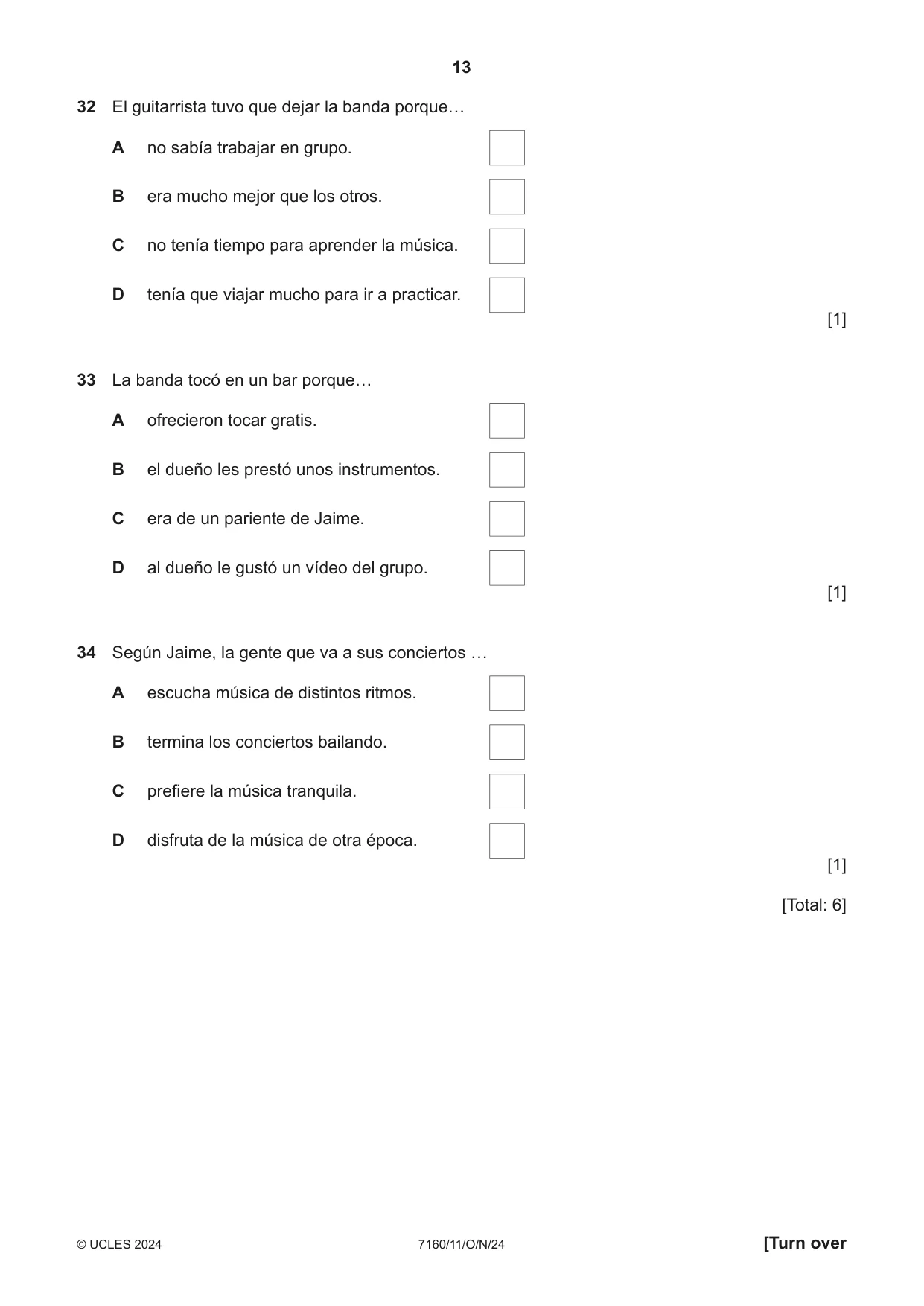 Cambridge IGCSE Spanish (9-1) 7160 2024 Oct/Nov Paper 1 · Variant 1 question paper, page 13 of 16