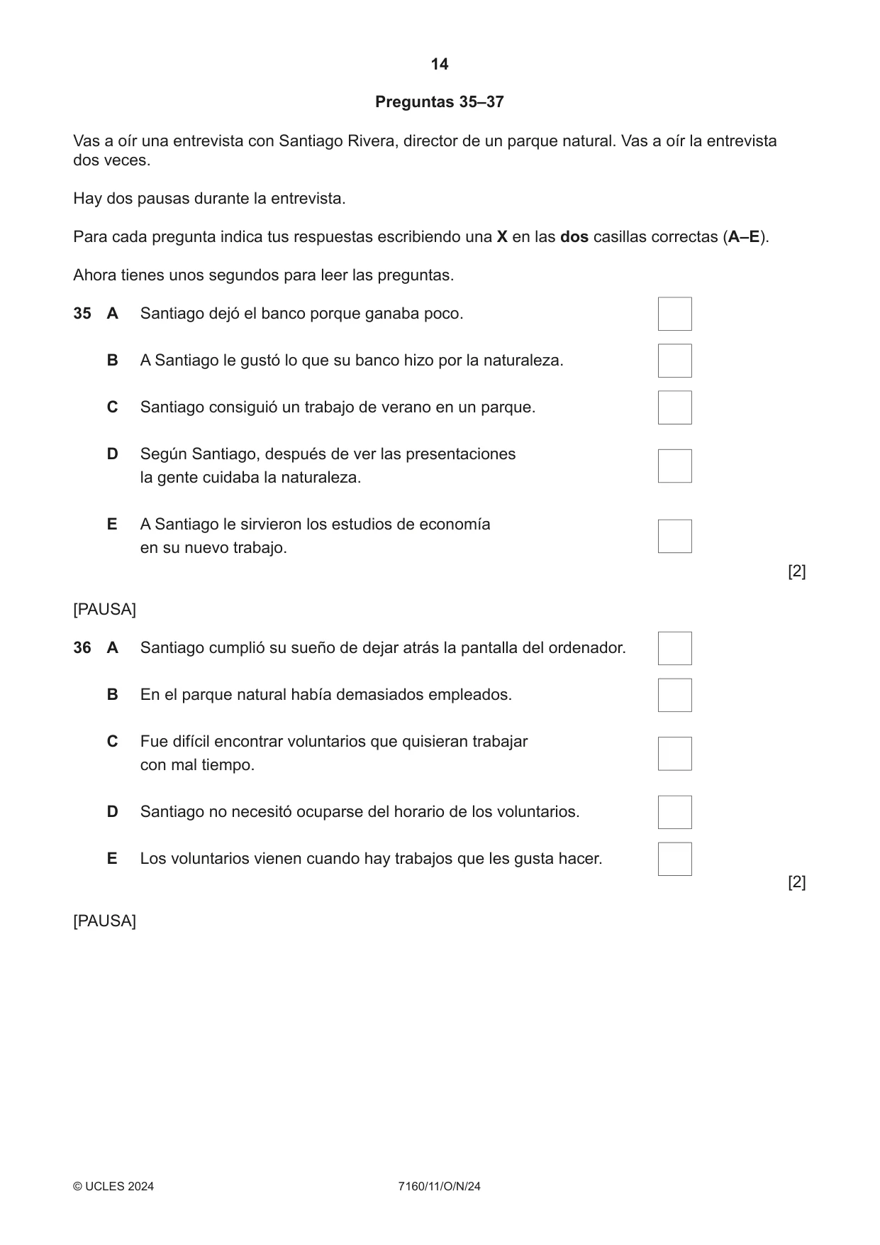 Cambridge IGCSE Spanish (9-1) 7160 2024 Oct/Nov Paper 1 · Variant 1 question paper, page 14 of 16