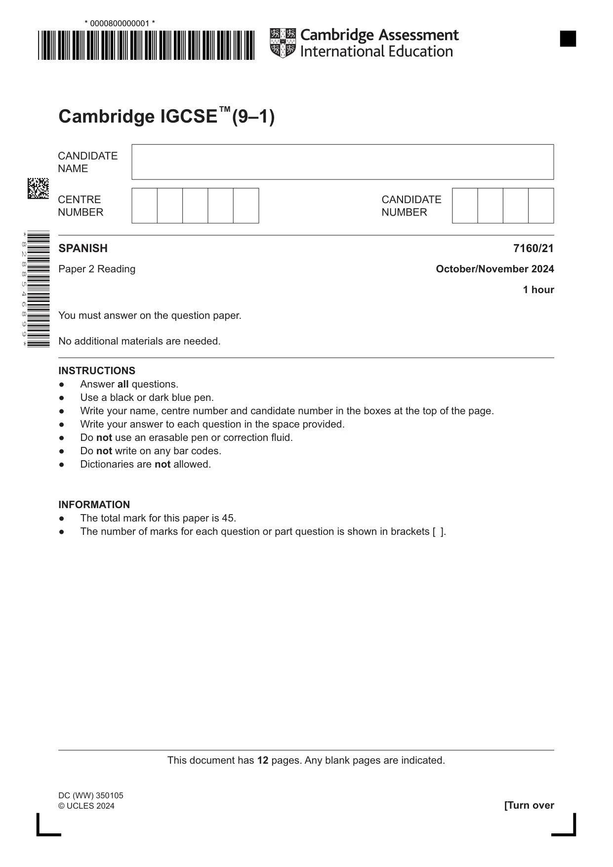 Cambridge IGCSE Spanish (9-1) 7160 2024 Oct/Nov Paper 2 · Variant 1 question paper, page 1 of 12