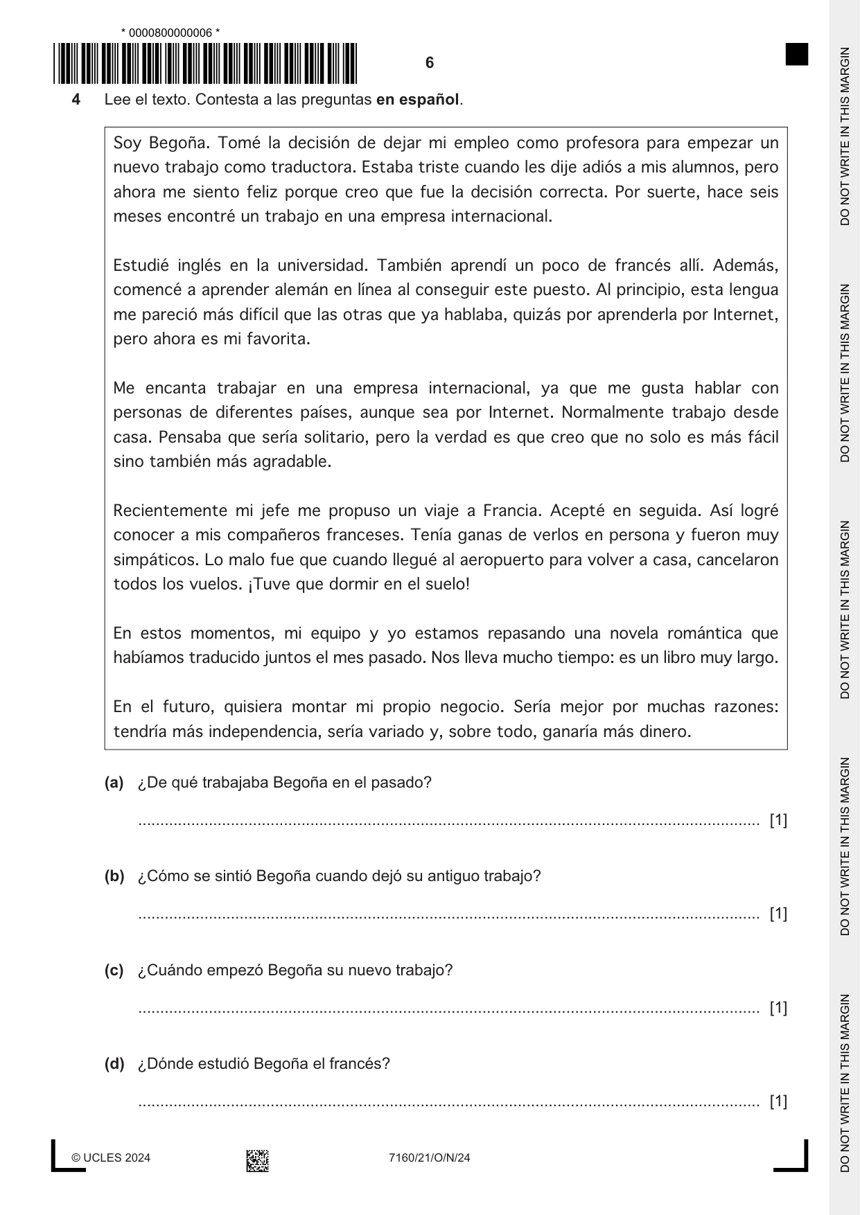 Cambridge IGCSE Spanish (9-1) 7160 2024 Oct/Nov Paper 2 · Variant 1 question paper, page 6 of 12