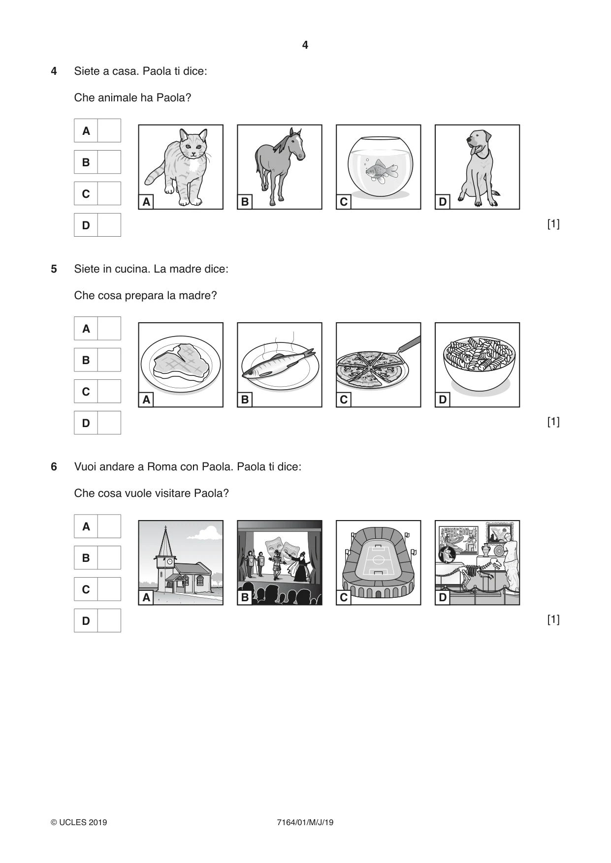 Cambridge IGCSE Italian (9-1) 7164 2019 May/June Paper 1 · Variant 1 question paper, page 4 of 16