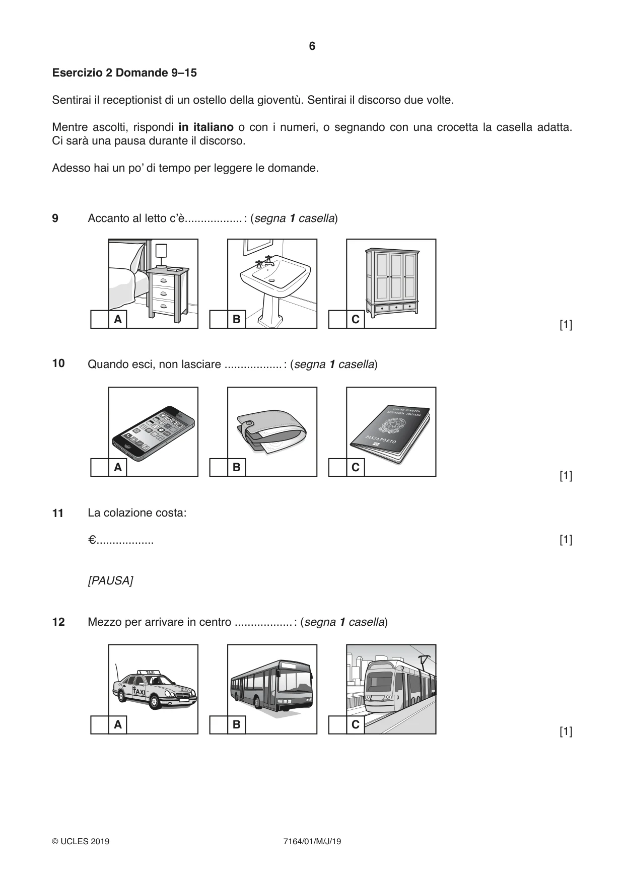 Cambridge IGCSE Italian (9-1) 7164 2019 May/June Paper 1 · Variant 1 question paper, page 6 of 16
