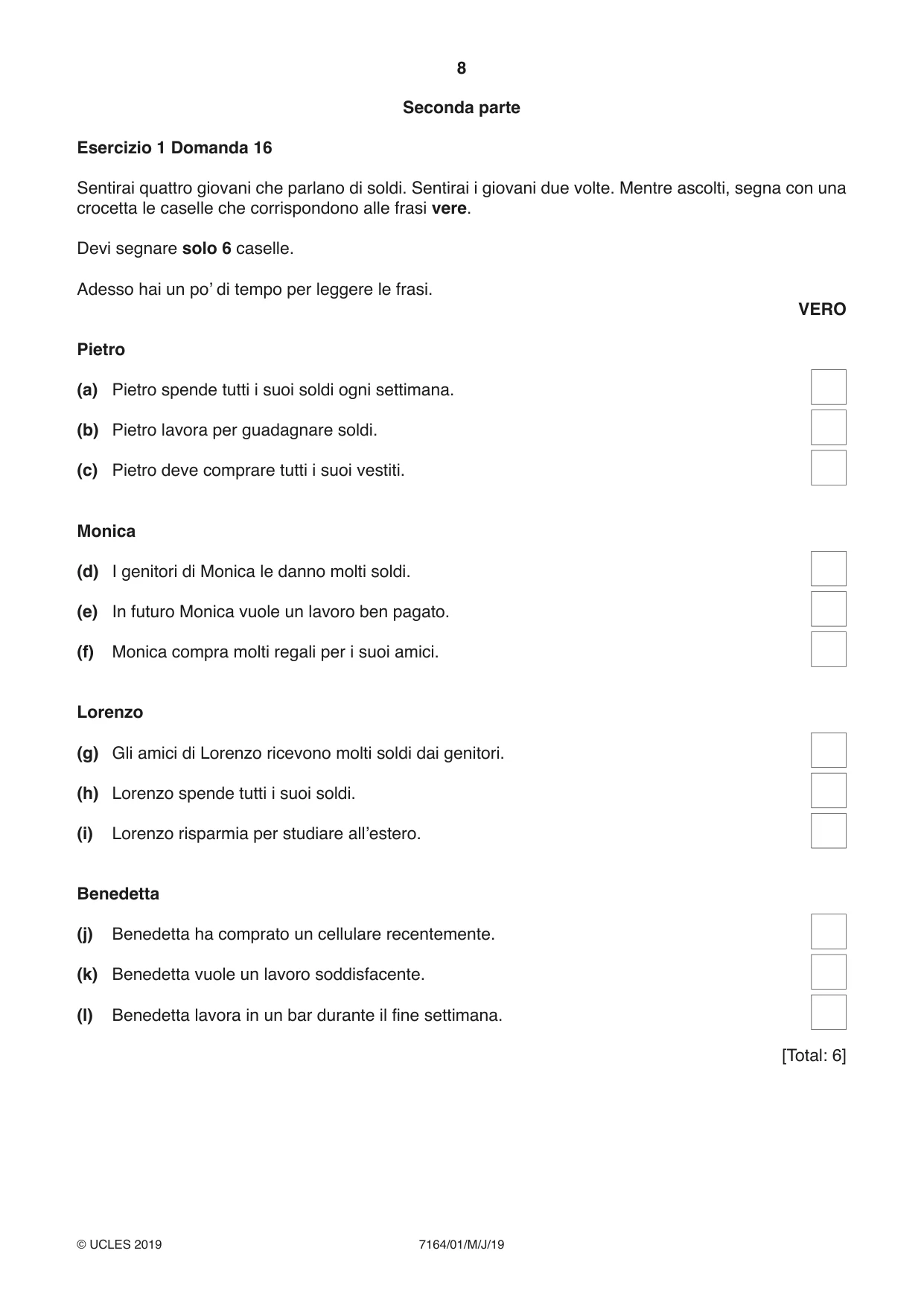 Cambridge IGCSE Italian (9-1) 7164 2019 May/June Paper 1 · Variant 1 question paper, page 8 of 16