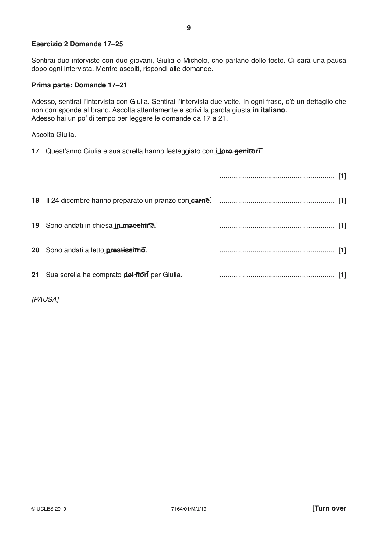 Cambridge IGCSE Italian (9-1) 7164 2019 May/June Paper 1 · Variant 1 question paper, page 9 of 16