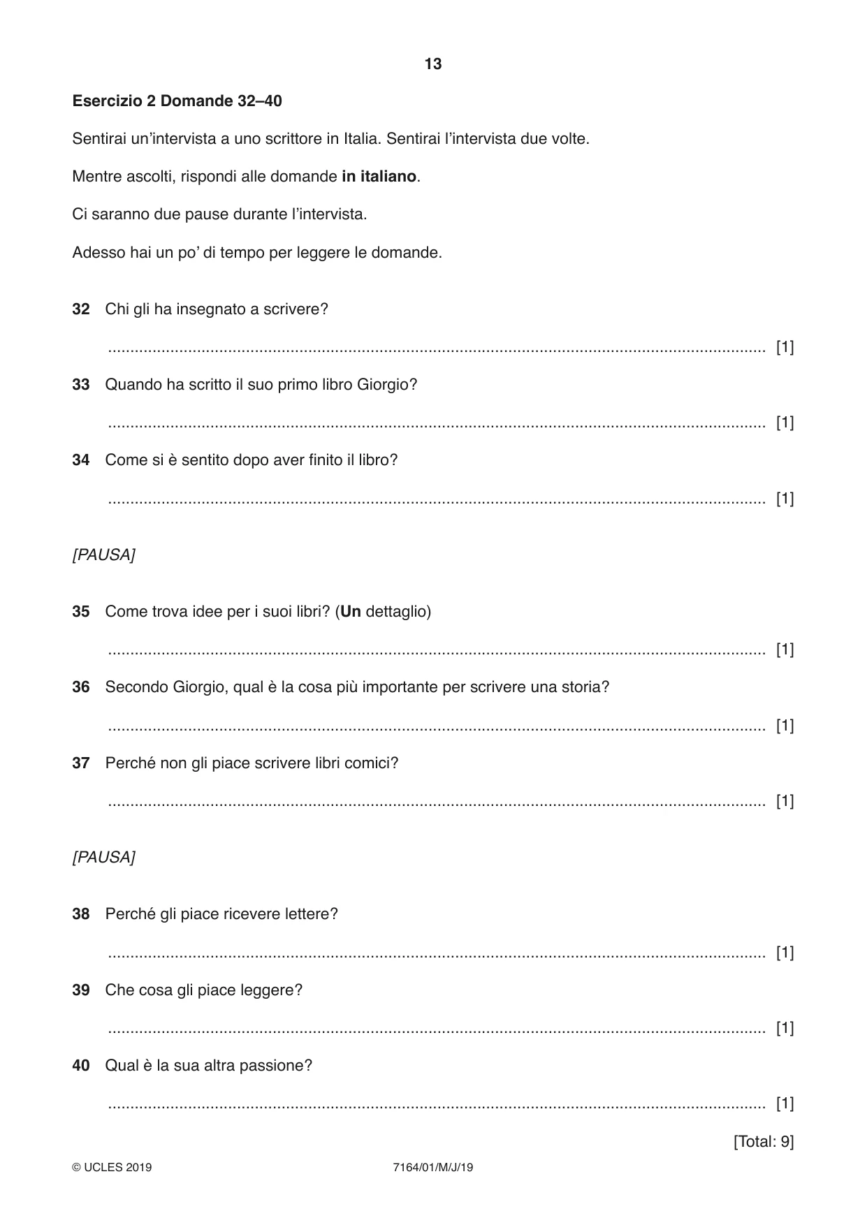 Cambridge IGCSE Italian (9-1) 7164 2019 May/June Paper 1 · Variant 1 question paper, page 13 of 16