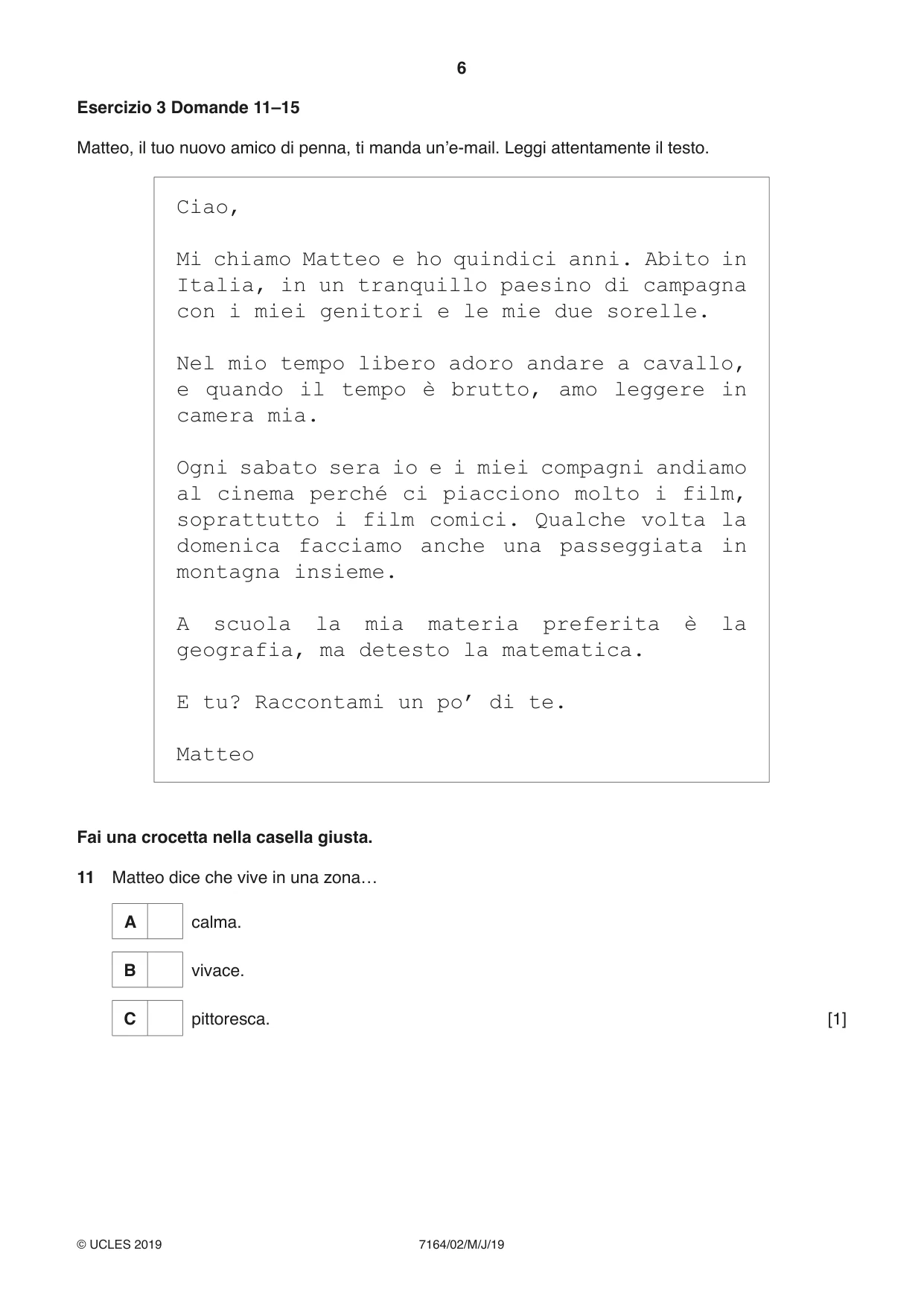 Cambridge IGCSE Italian (9-1) 7164 2019 May/June Paper 2 · Variant 1 question paper, page 6 of 16