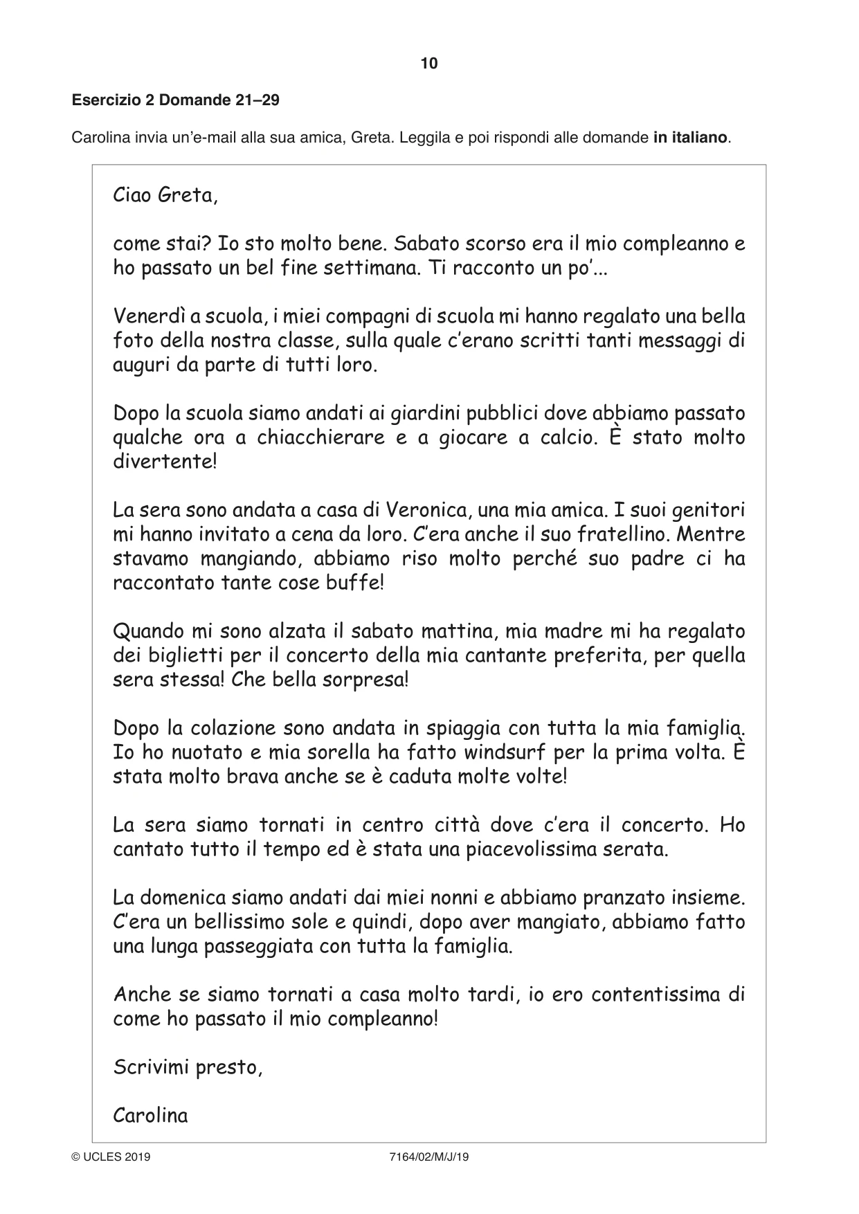 Cambridge IGCSE Italian (9-1) 7164 2019 May/June Paper 2 · Variant 1 question paper, page 10 of 16