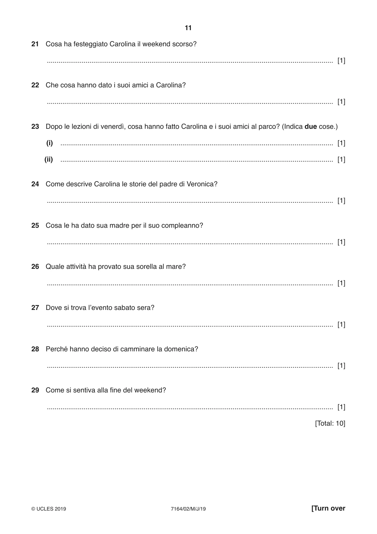 Cambridge IGCSE Italian (9-1) 7164 2019 May/June Paper 2 · Variant 1 question paper, page 11 of 16
