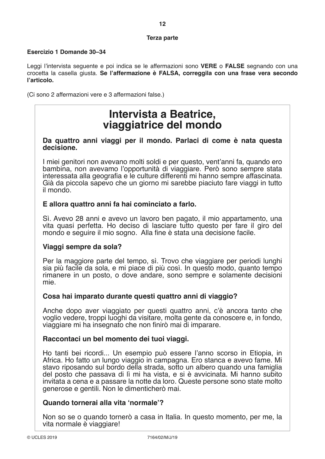Cambridge IGCSE Italian (9-1) 7164 2019 May/June Paper 2 · Variant 1 question paper, page 12 of 16