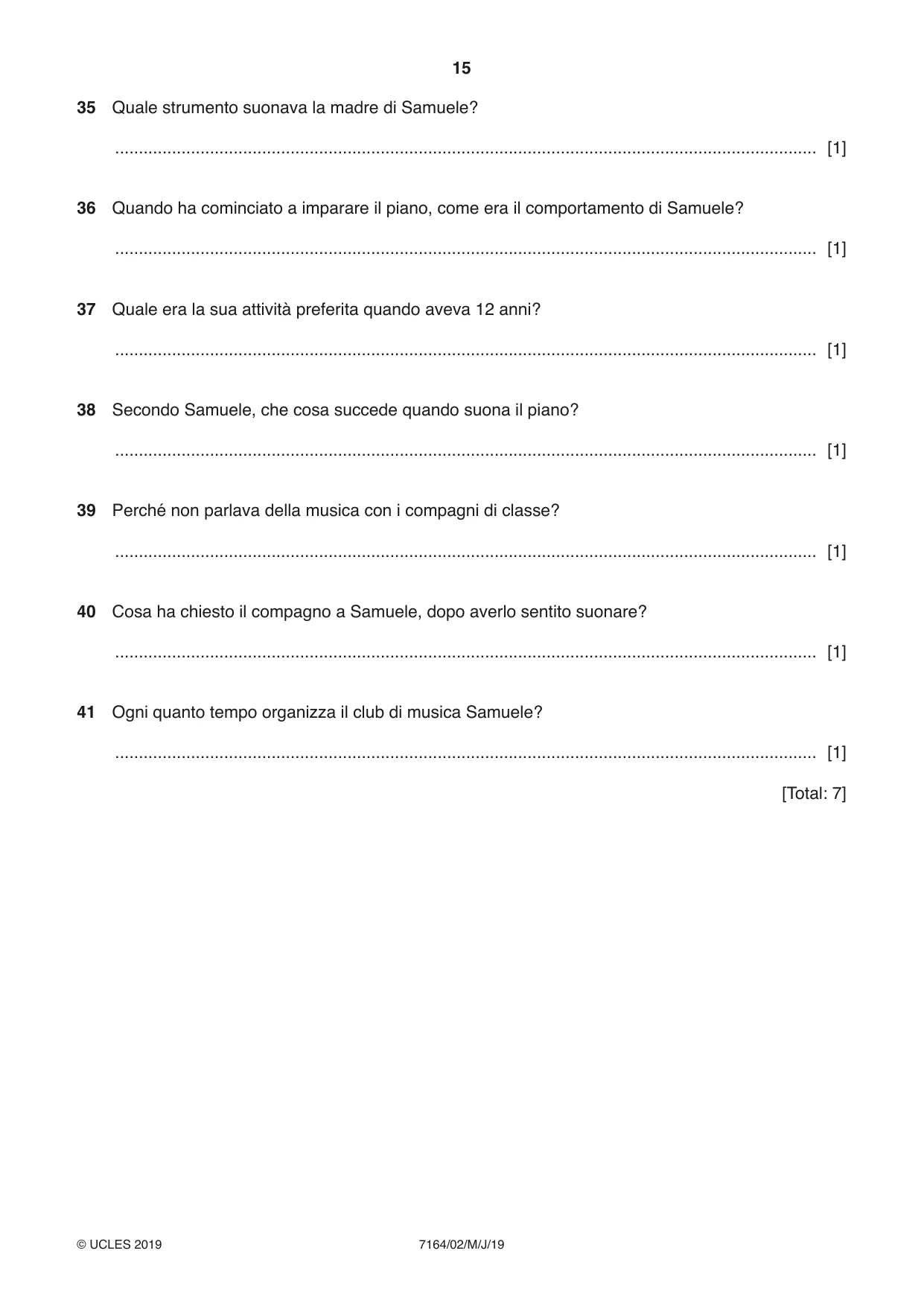 Cambridge IGCSE Italian (9-1) 7164 2019 May/June Paper 2 · Variant 1 question paper, page 15 of 16