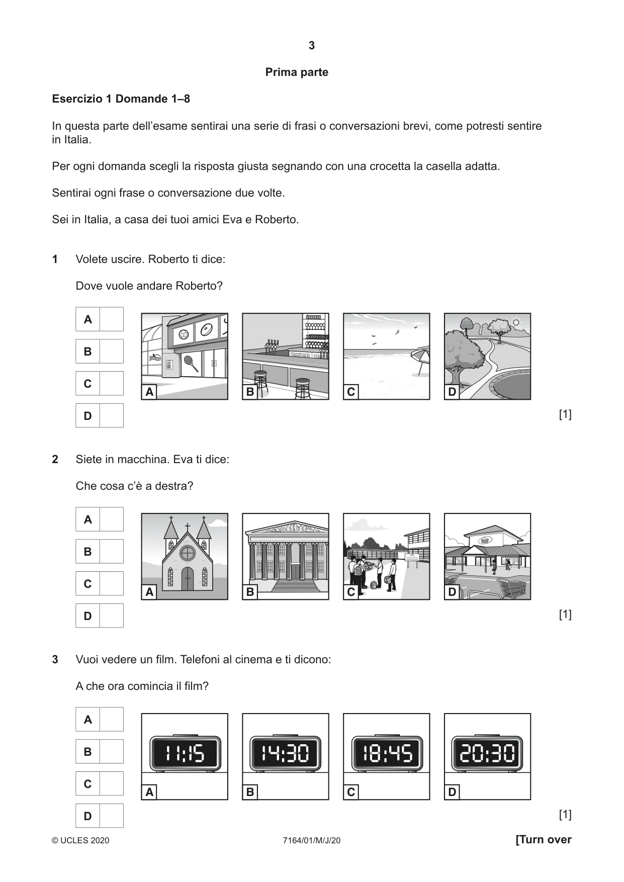 Cambridge IGCSE Italian (9-1) 7164 2020 May/June Paper 1 · Variant 0 question paper, page 3 of 16