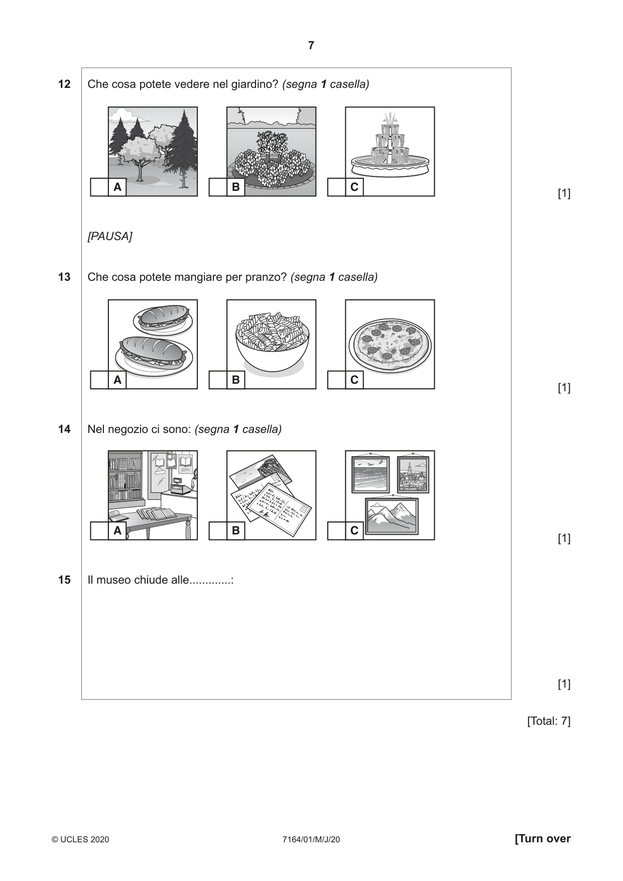 Cambridge IGCSE Italian (9-1) 7164 2020 May/June Paper 1 · Variant 0 question paper, page 7 of 16