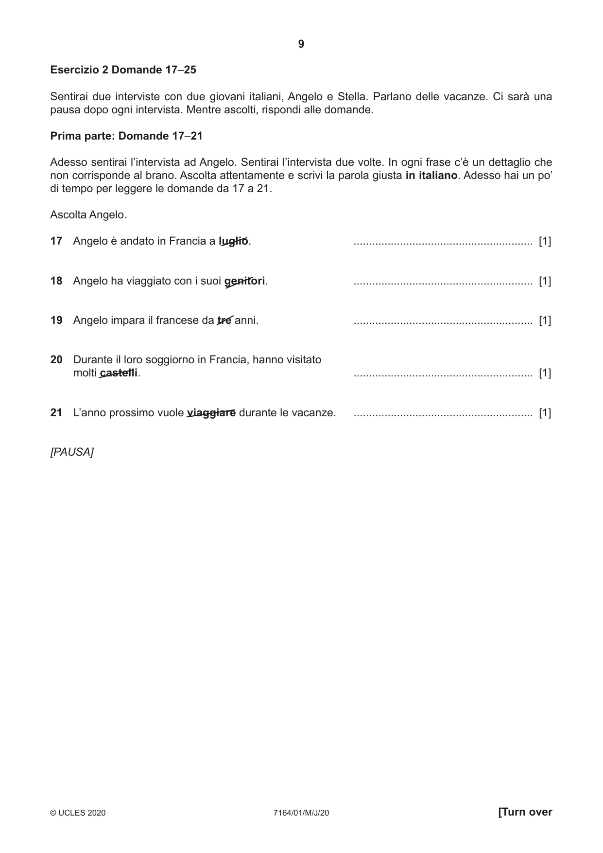 Cambridge IGCSE Italian (9-1) 7164 2020 May/June Paper 1 · Variant 0 question paper, page 9 of 16