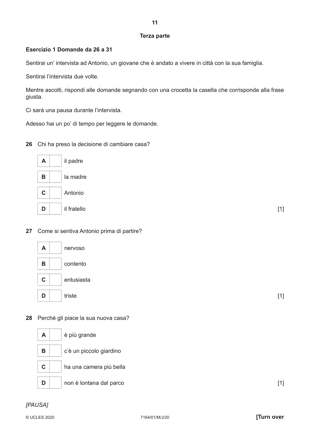 Cambridge IGCSE Italian (9-1) 7164 2020 May/June Paper 1 · Variant 0 question paper, page 11 of 16