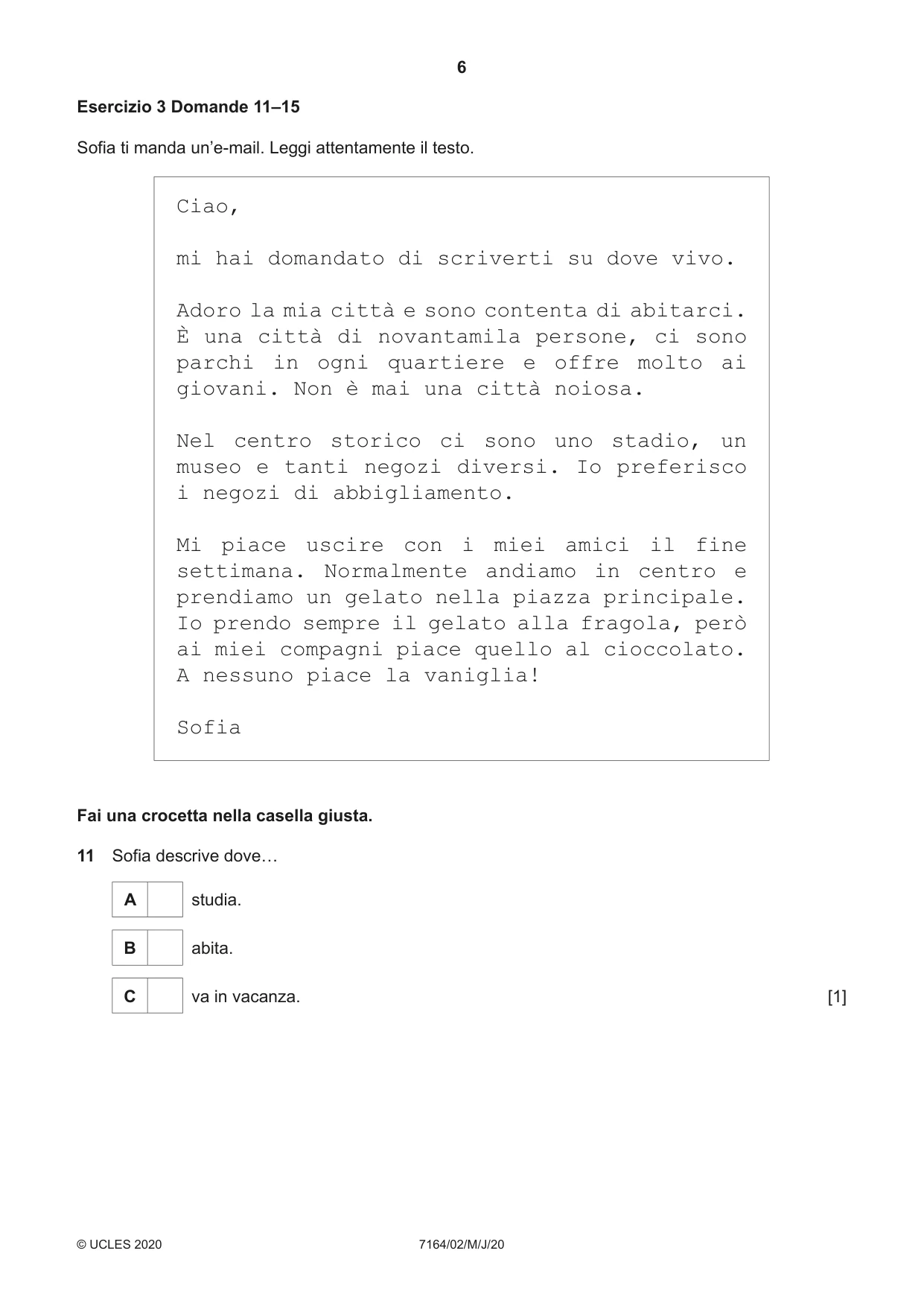 Cambridge IGCSE Italian (9-1) 7164 2020 May/June Paper 2 · Variant 0 question paper, page 6 of 16