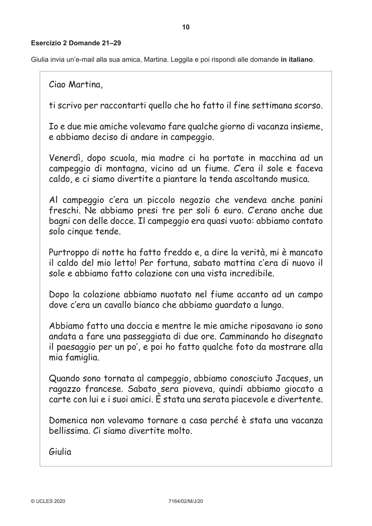 Cambridge IGCSE Italian (9-1) 7164 2020 May/June Paper 2 · Variant 0 question paper, page 10 of 16