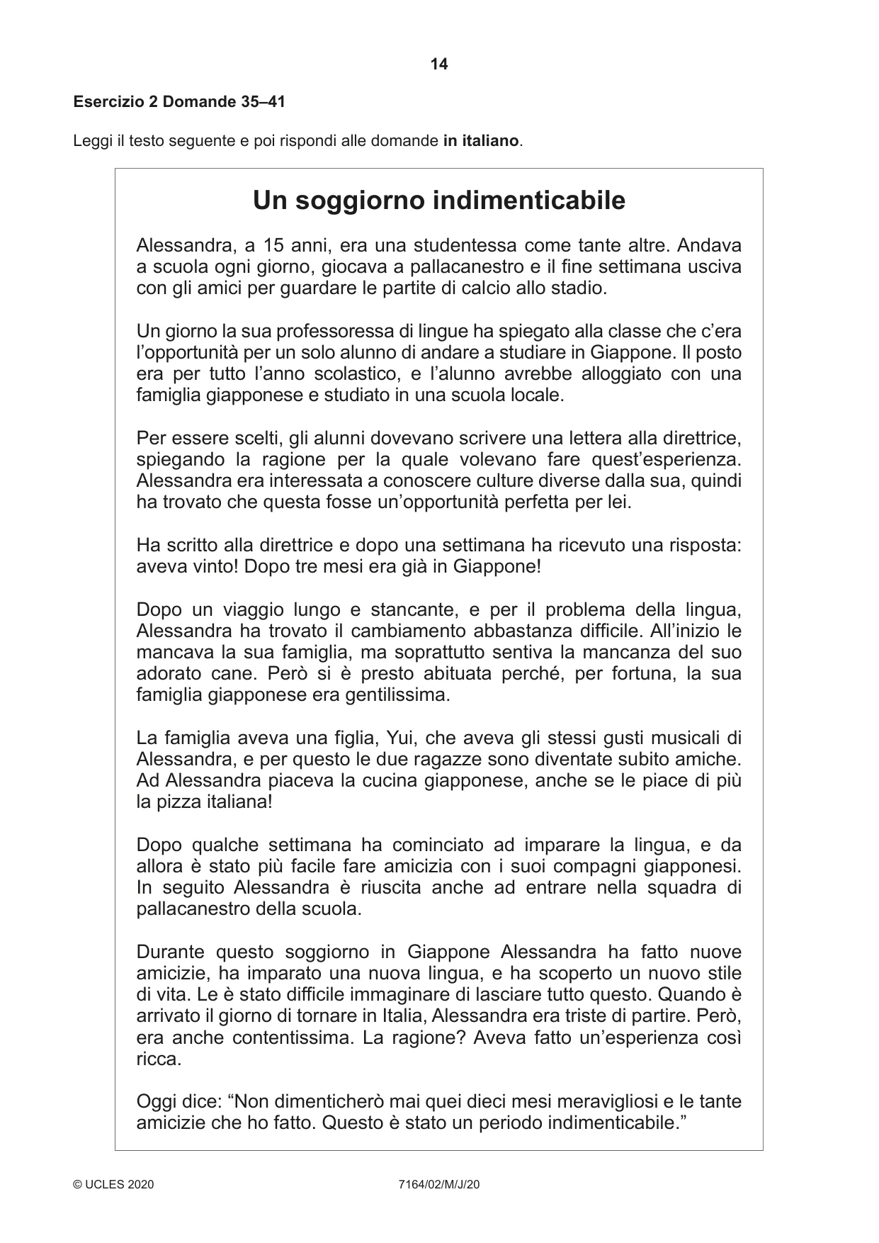 Cambridge IGCSE Italian (9-1) 7164 2020 May/June Paper 2 · Variant 0 question paper, page 14 of 16