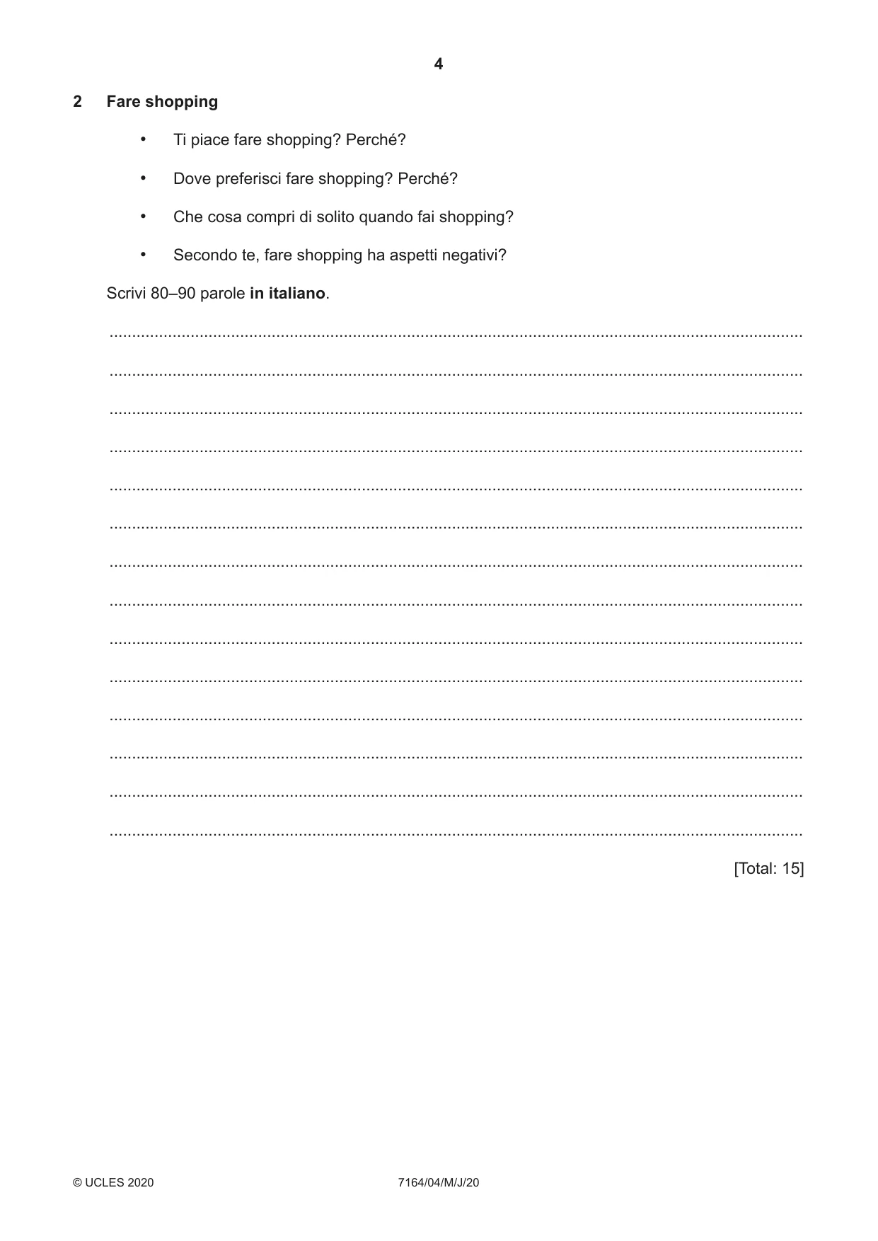 Cambridge IGCSE Italian (9-1) 7164 2020 May/June Paper 4 · Variant 0 question paper, page 4 of 8