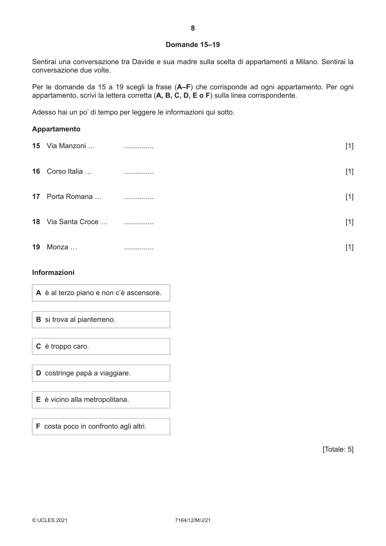 Cambridge IGCSE Italian (9-1) 7164 2021 May/June Paper 1 · Variant 2 question paper, page 8 of 16