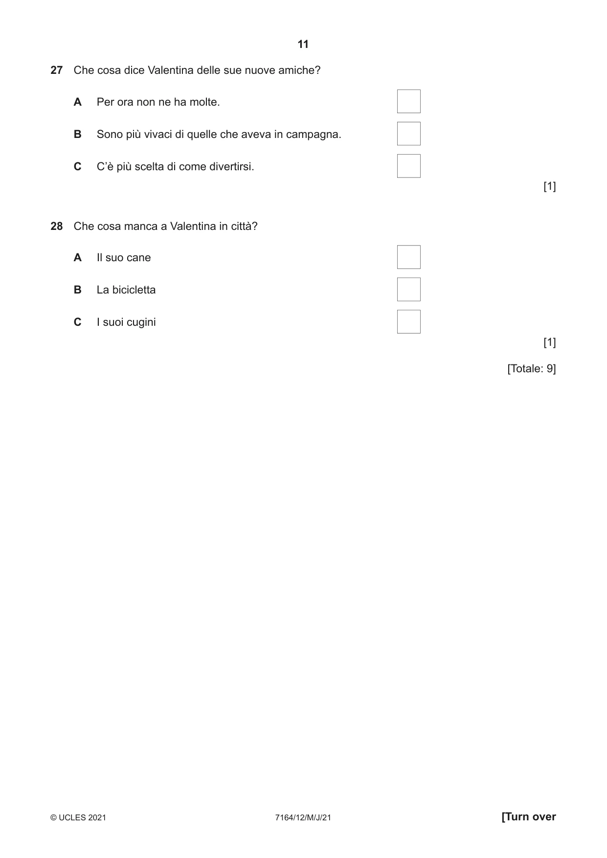 Cambridge IGCSE Italian (9-1) 7164 2021 May/June Paper 1 · Variant 2 question paper, page 11 of 16