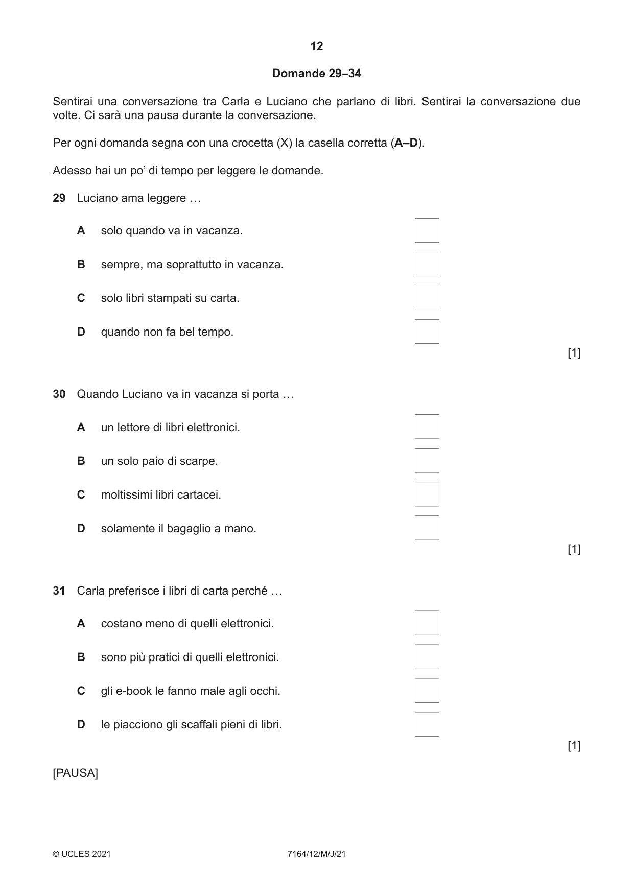 Cambridge IGCSE Italian (9-1) 7164 2021 May/June Paper 1 · Variant 2 question paper, page 12 of 16