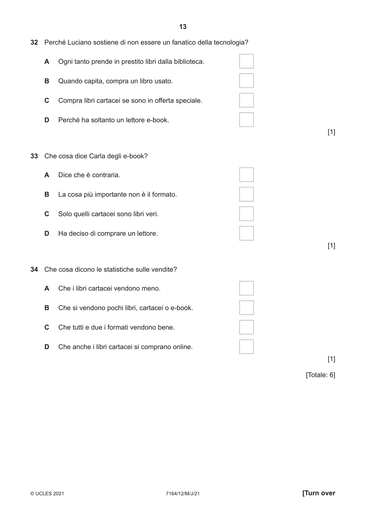 Cambridge IGCSE Italian (9-1) 7164 2021 May/June Paper 1 · Variant 2 question paper, page 13 of 16