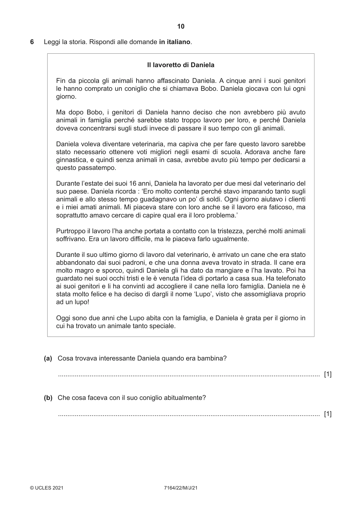 Cambridge IGCSE Italian (9-1) 7164 2021 May/June Paper 2 · Variant 2 question paper, page 10 of 12