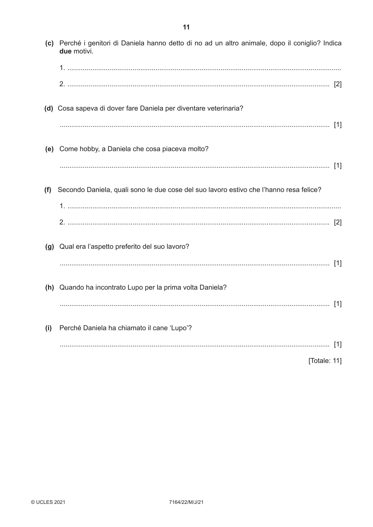 Cambridge IGCSE Italian (9-1) 7164 2021 May/June Paper 2 · Variant 2 question paper, page 11 of 12