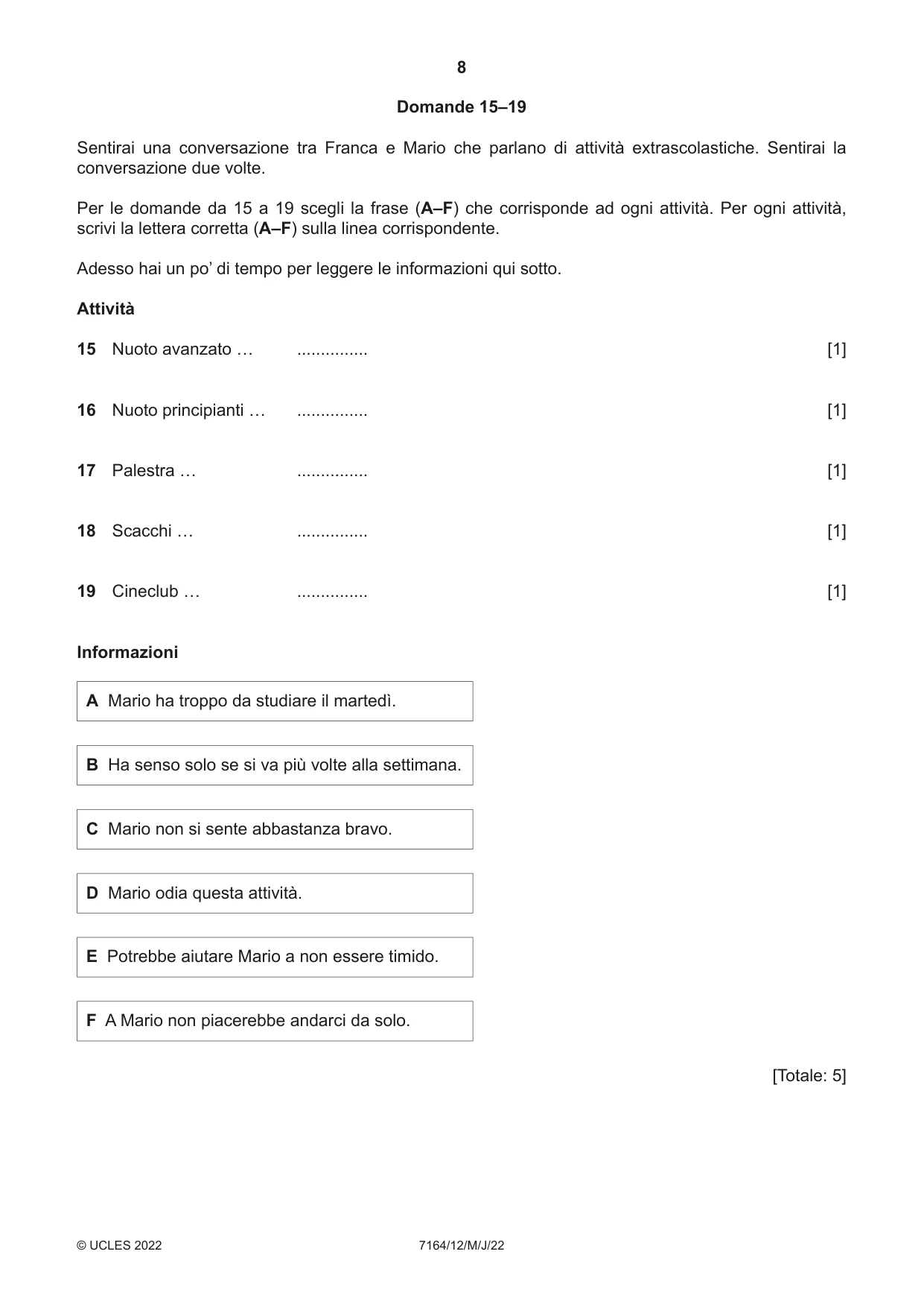 Cambridge IGCSE Italian (9-1) 7164 2022 May/June Paper 1 · Variant 2 question paper, page 8 of 16