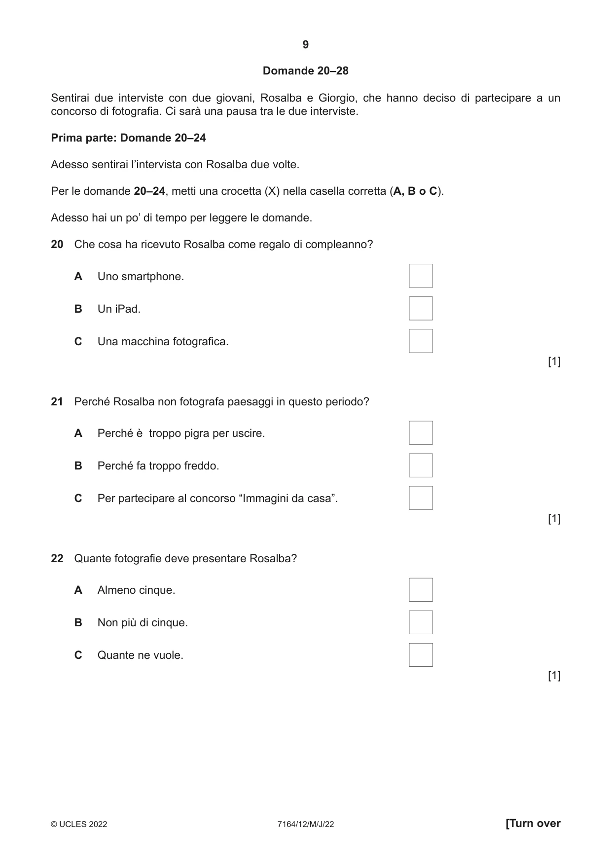 Cambridge IGCSE Italian (9-1) 7164 2022 May/June Paper 1 · Variant 2 question paper, page 9 of 16