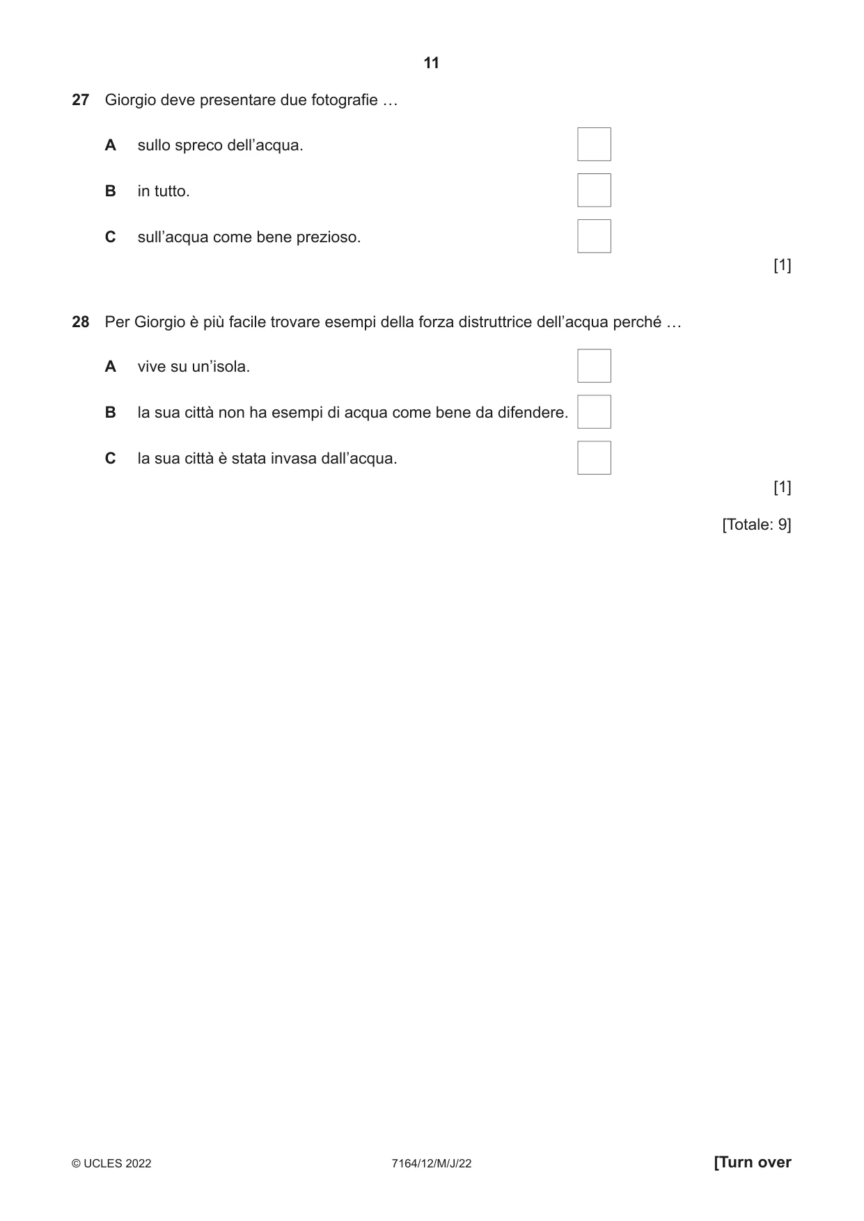 Cambridge IGCSE Italian (9-1) 7164 2022 May/June Paper 1 · Variant 2 question paper, page 11 of 16