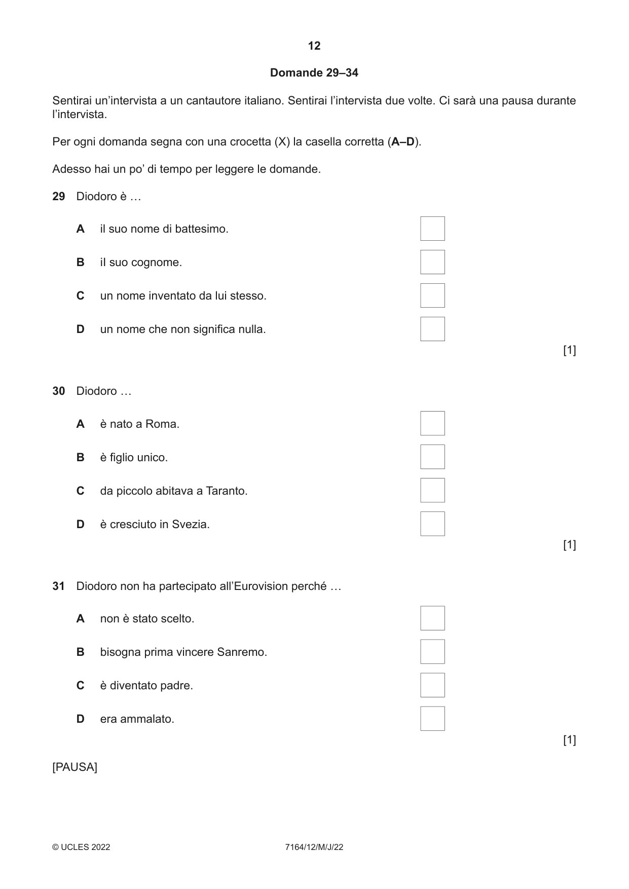 Cambridge IGCSE Italian (9-1) 7164 2022 May/June Paper 1 · Variant 2 question paper, page 12 of 16