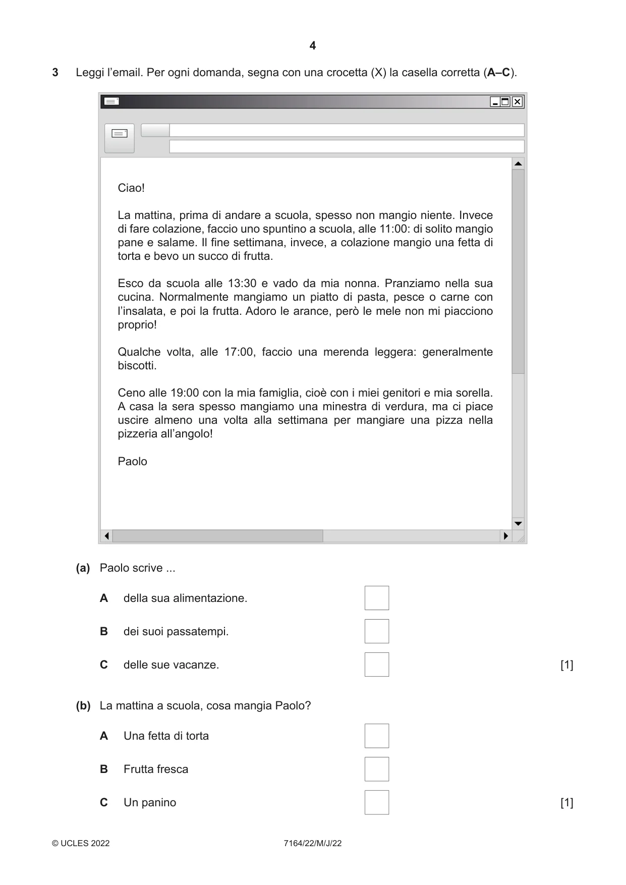 Cambridge IGCSE Italian (9-1) 7164 2022 May/June Paper 2 · Variant 2 question paper, page 4 of 12