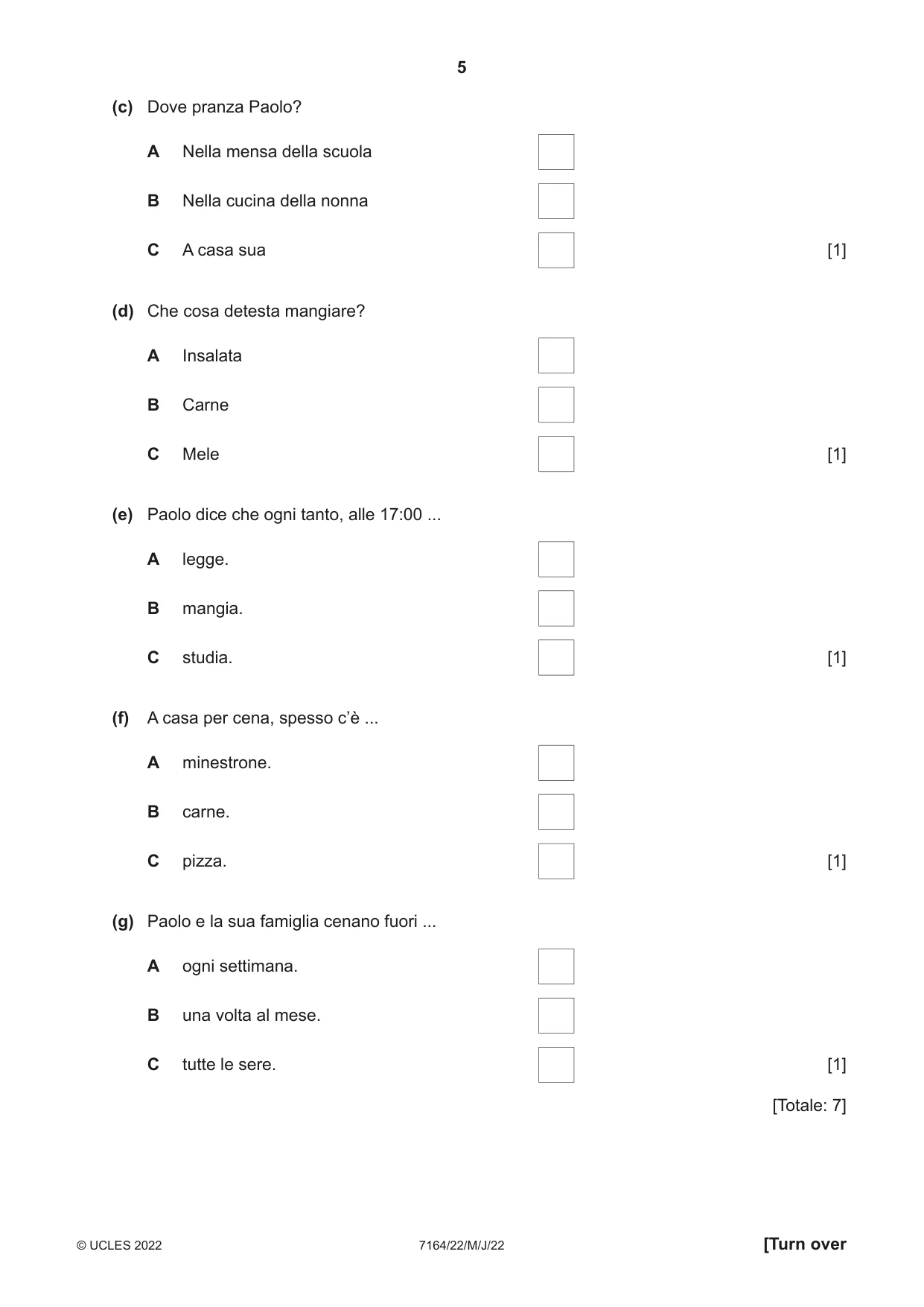 Cambridge IGCSE Italian (9-1) 7164 2022 May/June Paper 2 · Variant 2 question paper, page 5 of 12