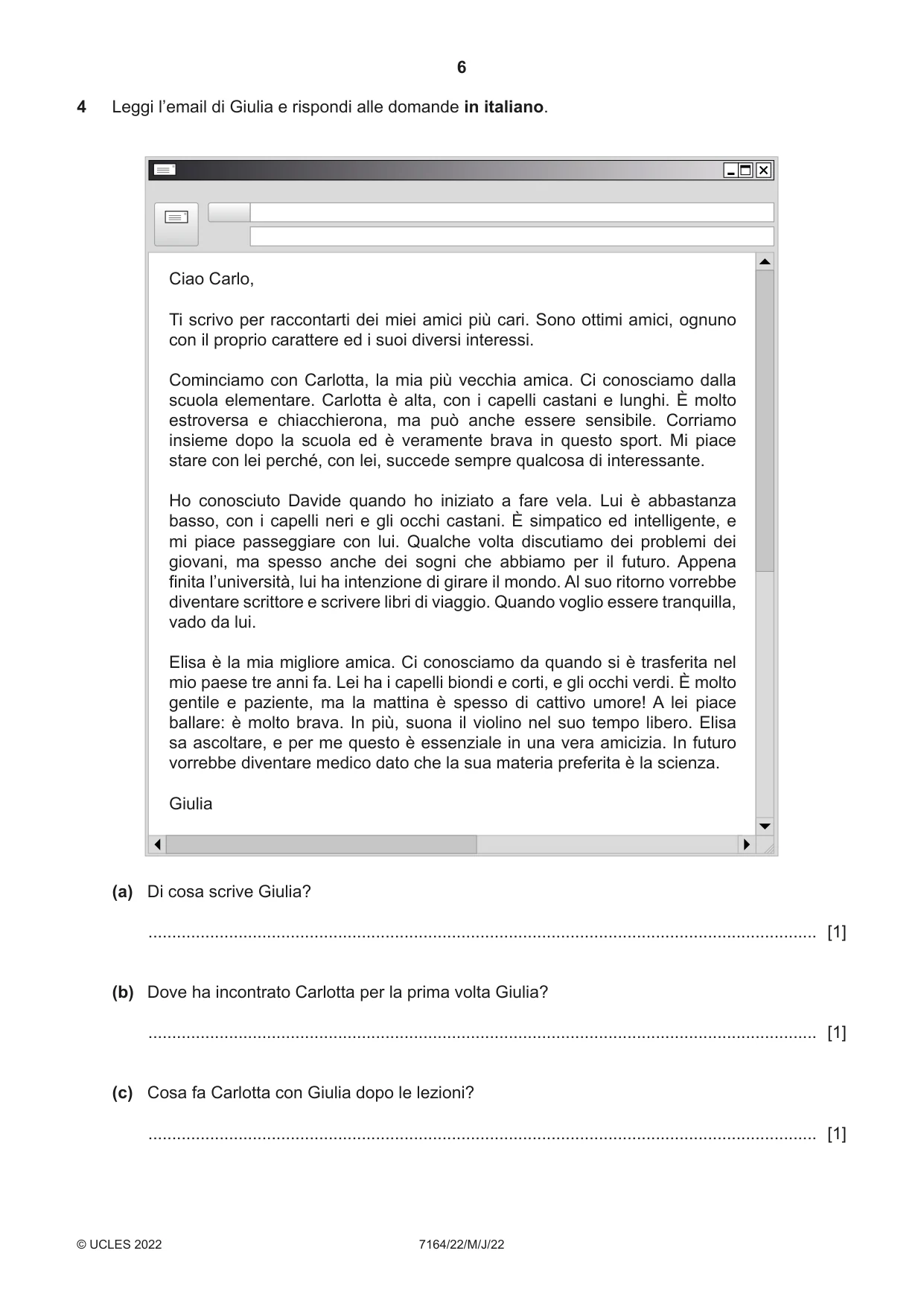 Cambridge IGCSE Italian (9-1) 7164 2022 May/June Paper 2 · Variant 2 question paper, page 6 of 12