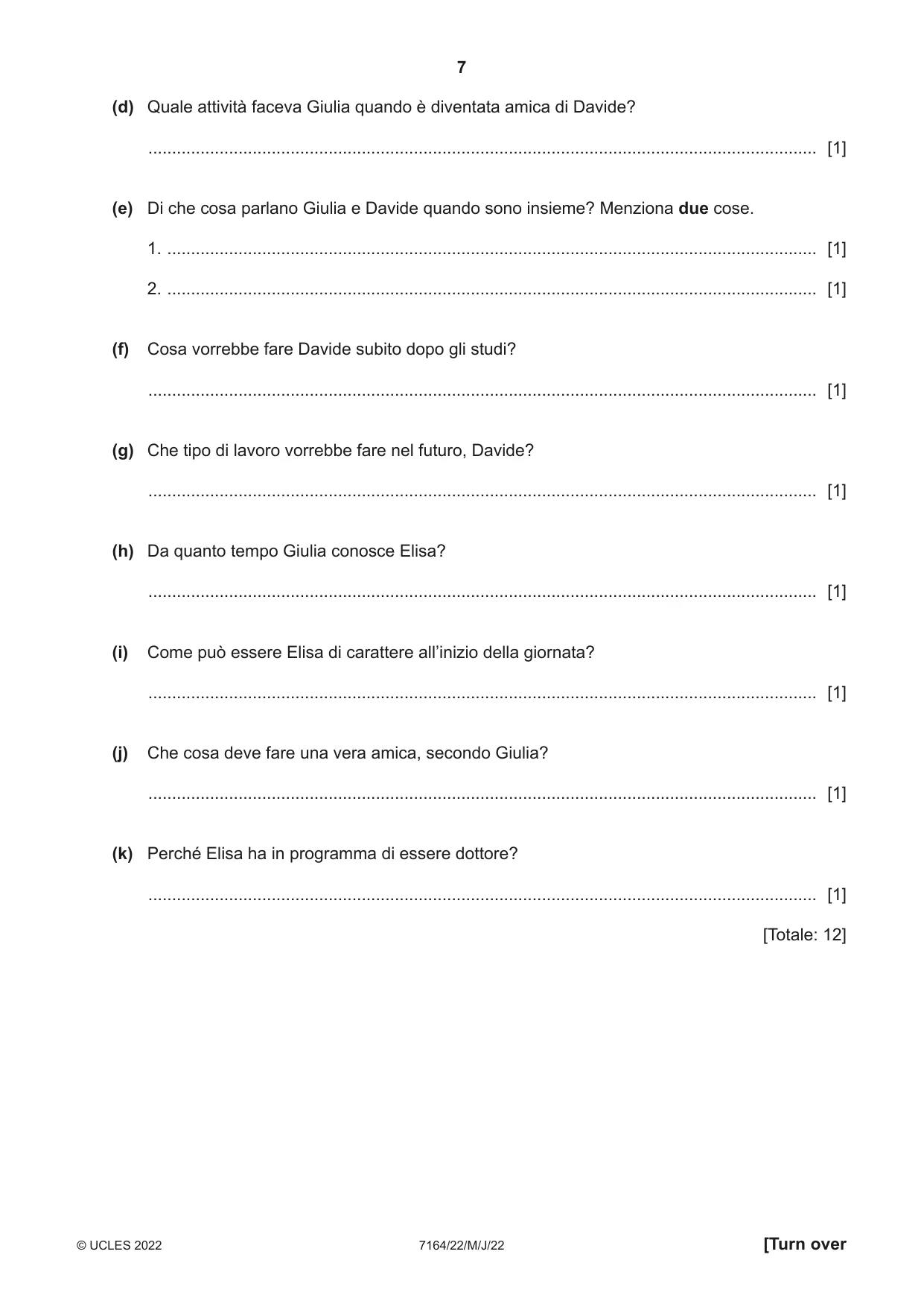 Cambridge IGCSE Italian (9-1) 7164 2022 May/June Paper 2 · Variant 2 question paper, page 7 of 12