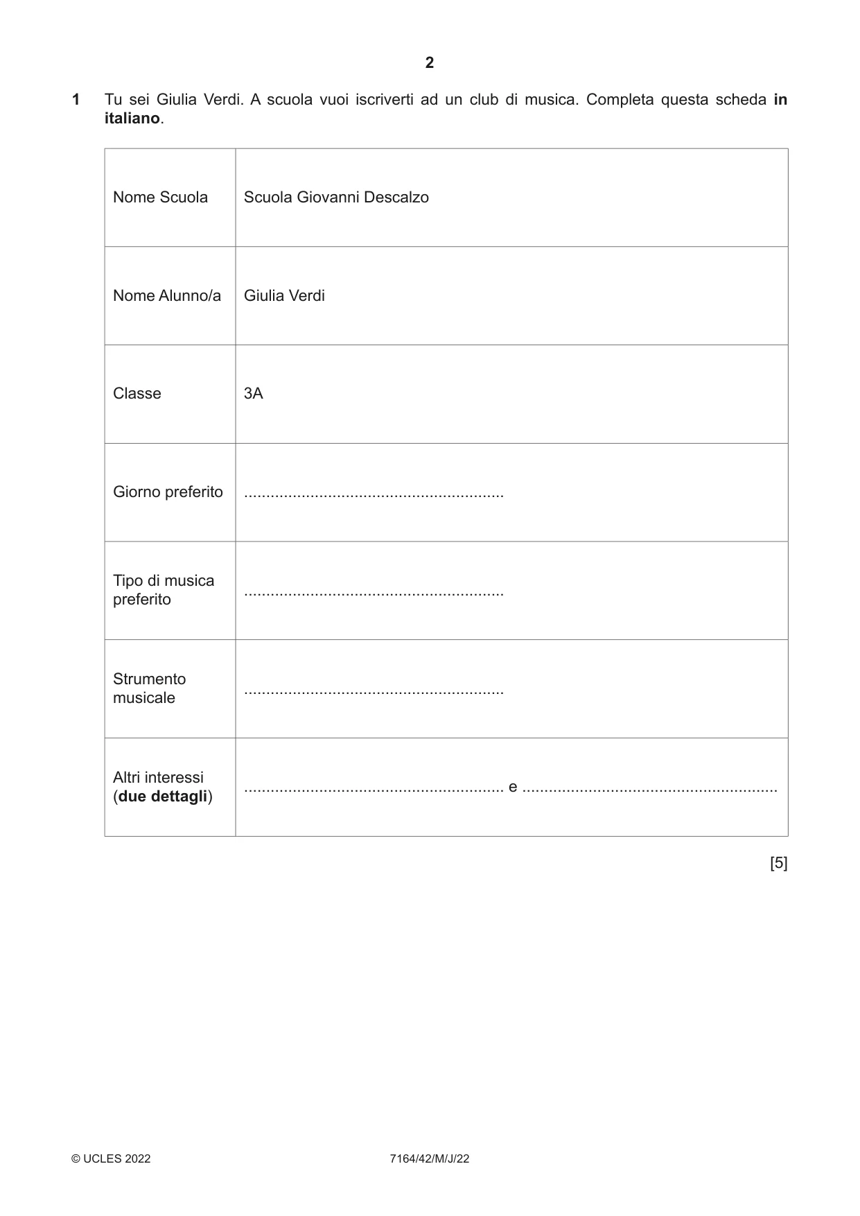 Cambridge IGCSE Italian (9-1) 7164 2022 May/June Paper 4 · Variant 2 question paper, page 2 of 8