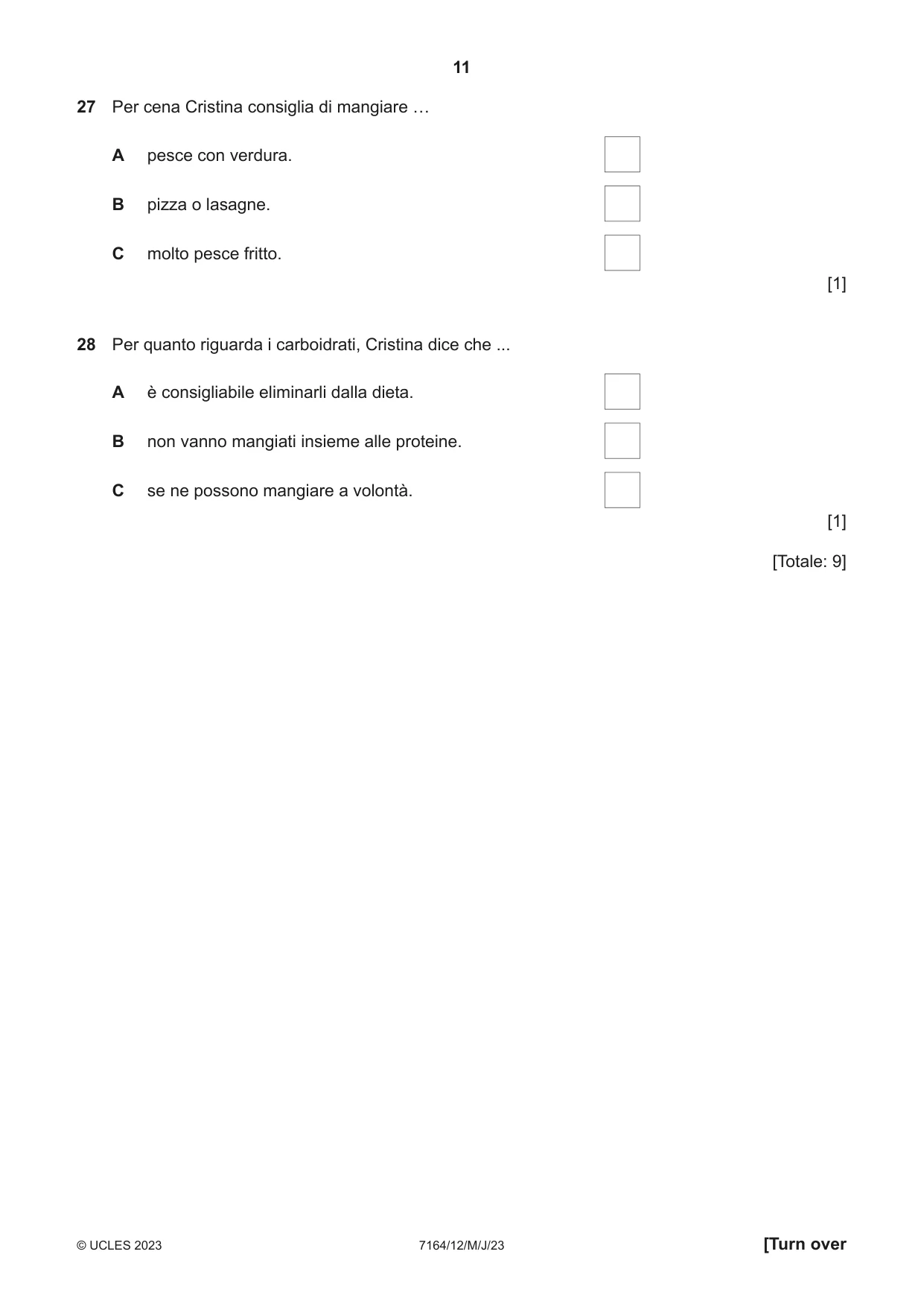 Cambridge IGCSE Italian (9-1) 7164 2023 May/June Paper 1 · Variant 2 question paper, page 11 of 16
